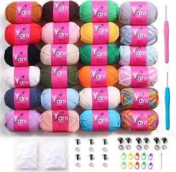 24 Pack Crochet Yarn - Beginner Cotton Chunky Yarn - Black, White, Orange, Red, Green, Rainbow, Pink, Yellow - Easy-to-See Stitches for Crocheting 24 * 50g