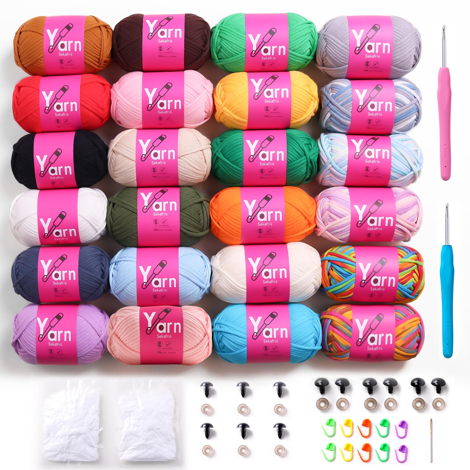 Häkelgarn für Anfänger, Baumwolle, grobes Garn, Schwarz, Weiß, Orange, Rot, Grün, Regenbogen, Rosa, Gelb, leicht zu erkennende Stiche zum Häkeln (24 x 50 g), 24 Stück