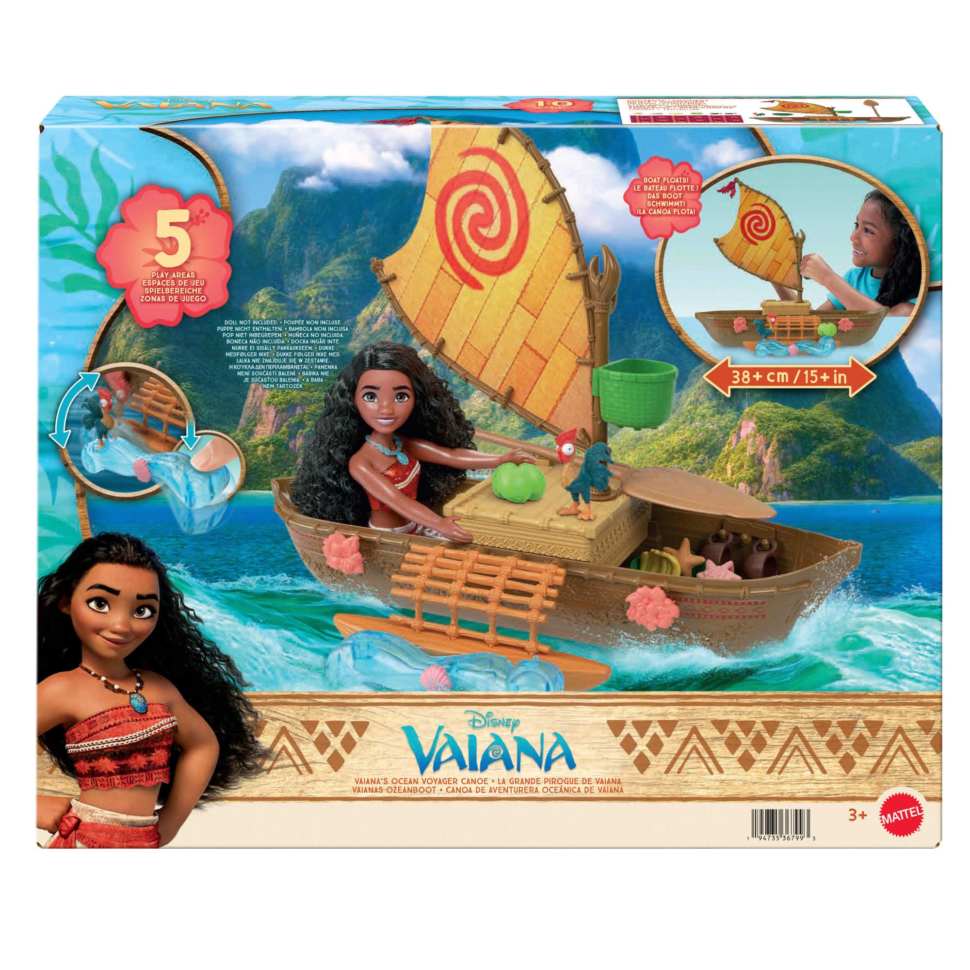 Mattel Disney Spielzeuge, Vaiana schwimmendes Boot-Spielset mit 5 Spielbereichen, 9 Zubehörteilen, Heihei-Tierfigur und Wippe, Ozeanboot, vom Film inspiriert, JLN22