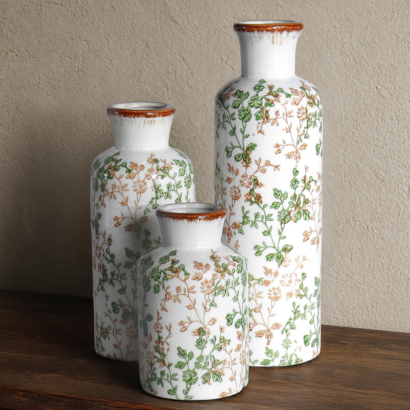 Brown-and-green crackle-glaze ceramic vase set