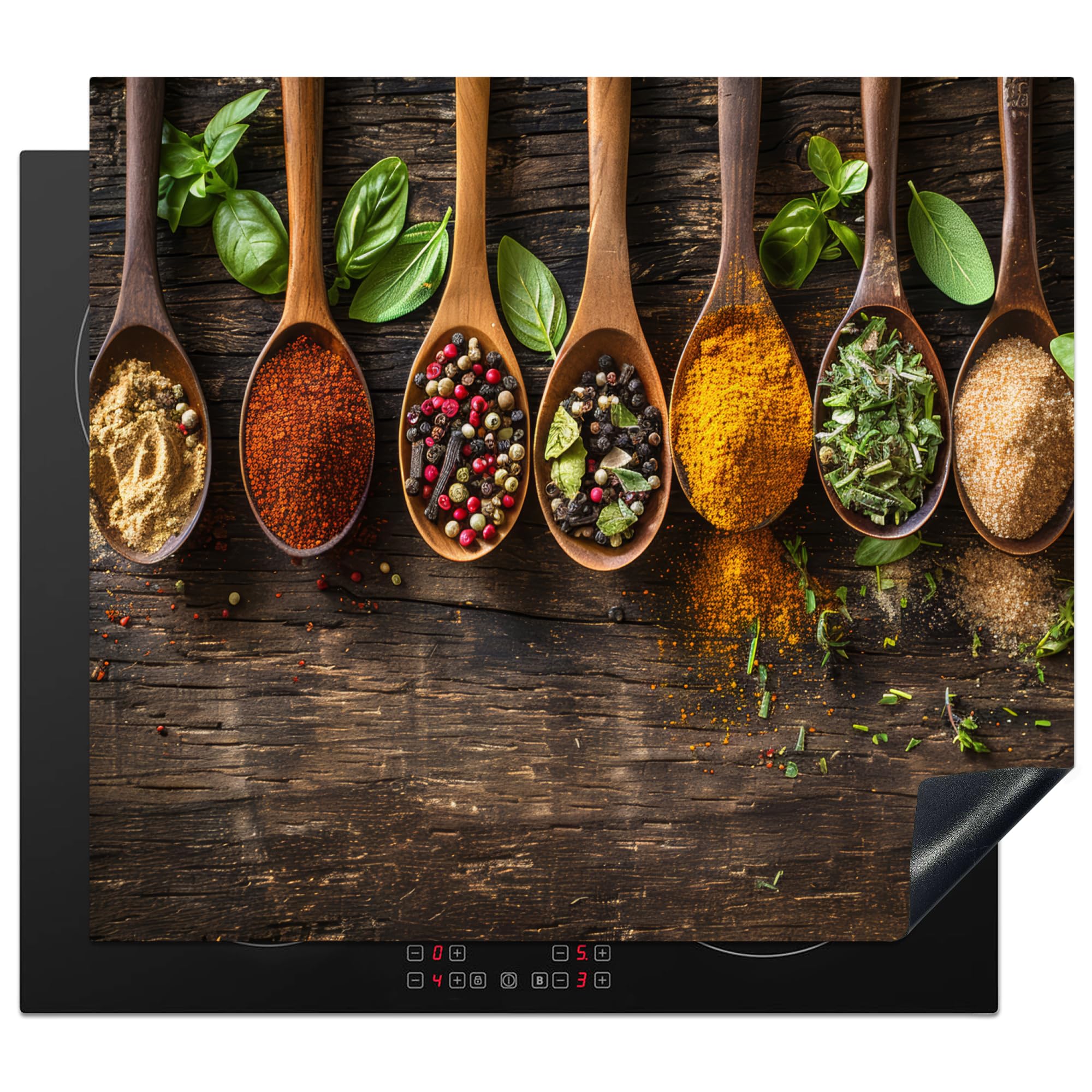 KitchenYeah - Protector de placa de inducción (59 x 52 cm), protección de la cocina, protección de la cocina, accesorio de hierbas, especias – Cuchara – Hojas – Grabado en madera – Naturaleza muerta