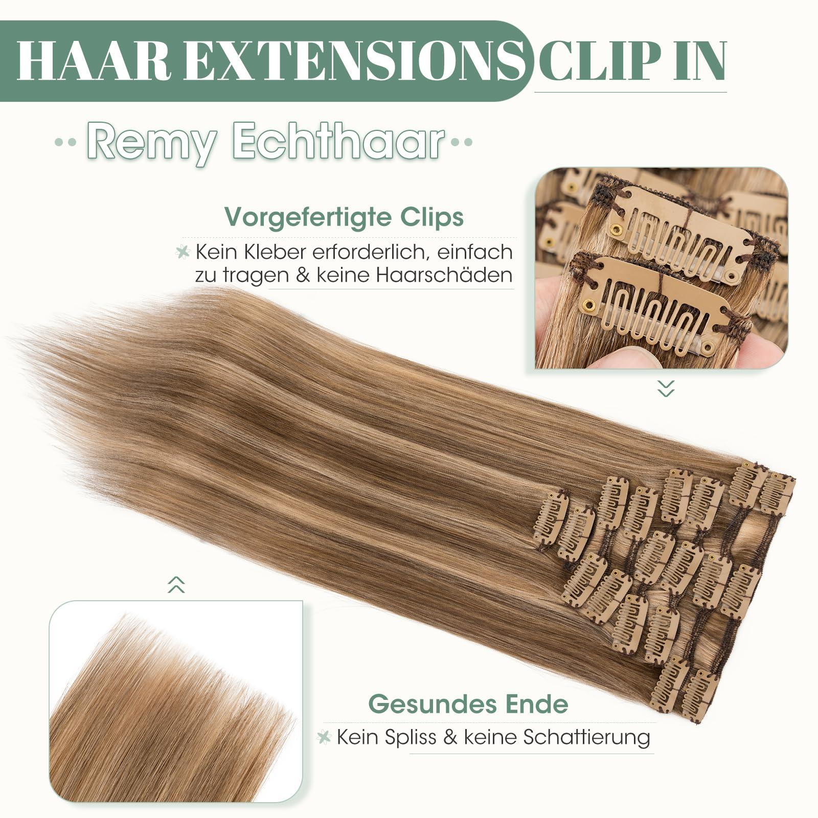 Rich Choices Clip in Extensions Echthaar 8 Stück Clip Extensions 50cm #4/27 Blonde Strähnen Unsichtbare Haarverlängerung Echthaar Clip ins Remy Seidig Gerade Natürlich - Dünne Tressen