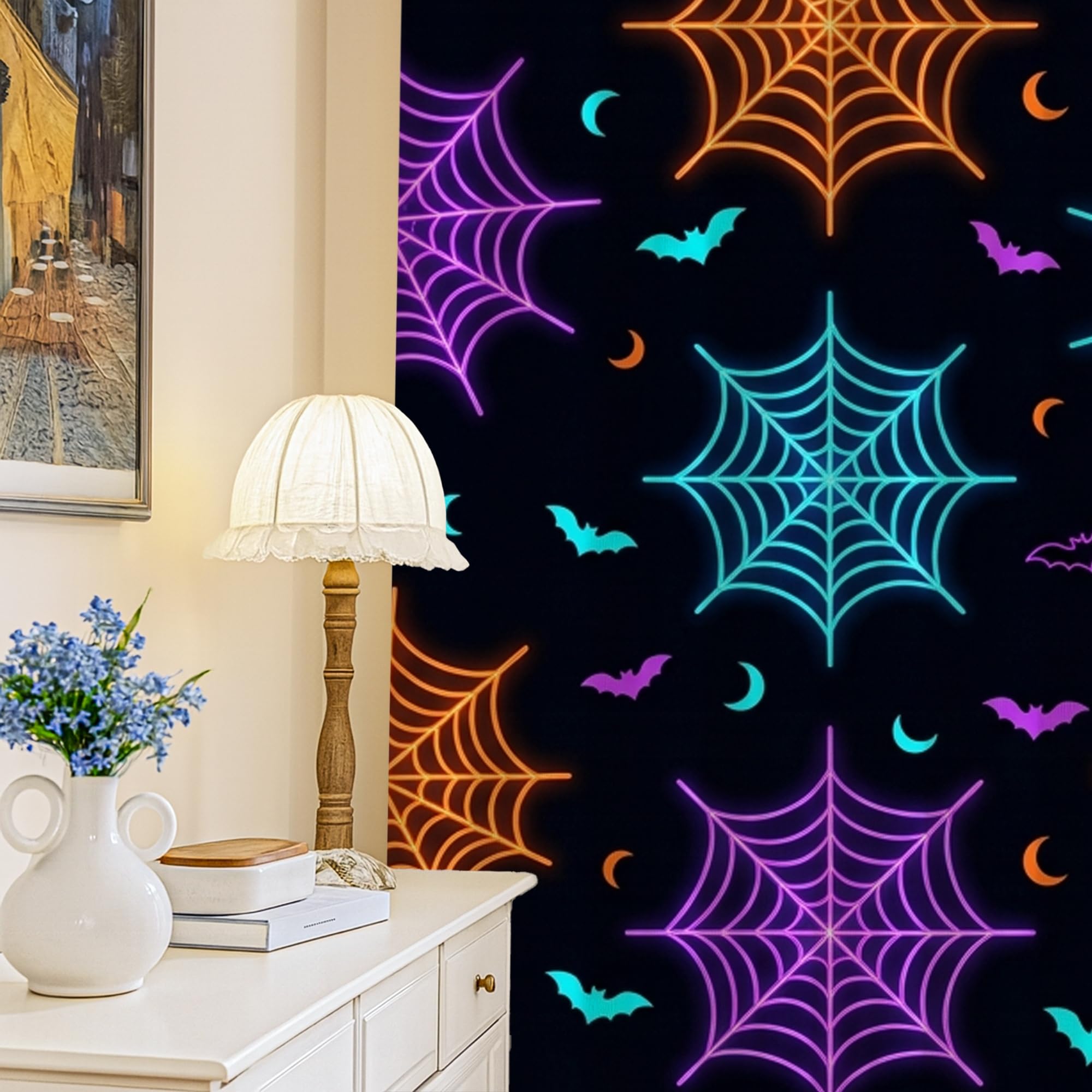Cortinas opacas de telaraña, murciélago espeluznante, violeta, Halloween, negro, sin arrugas, para decoración de sala de estar, cocina, 52 x 95 pulgadas