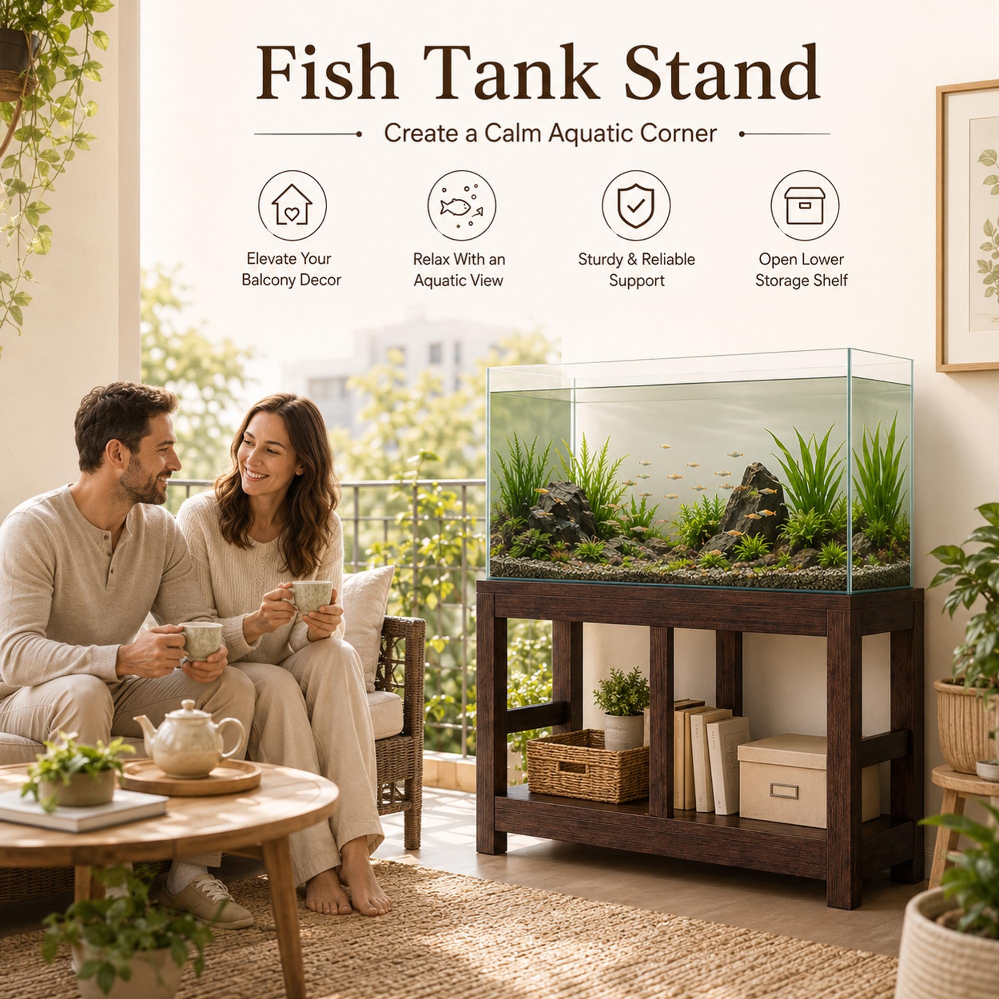 Supporto Acquario 65–130 Galloni con Ripiano, Portata 600 kg, Terrario | Telaio in Pino e Piano Composito per Acquari, Terrari, Rettili, Piante e Portaoggetti(Walnut,100×45 cm / 39.37×17.72 in)