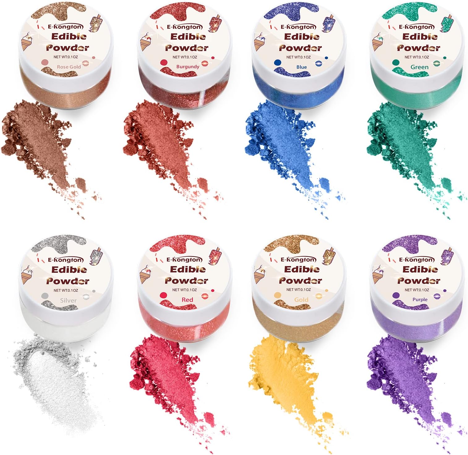 Luster Dust Set 8 Colors: E-Kongton Edible Glitter for Drinks, Cakes Decorating, Strawberries, Fondant, Gum Paste.Luster Dust Edible Set for Baking Decoration(3gram each bottle)