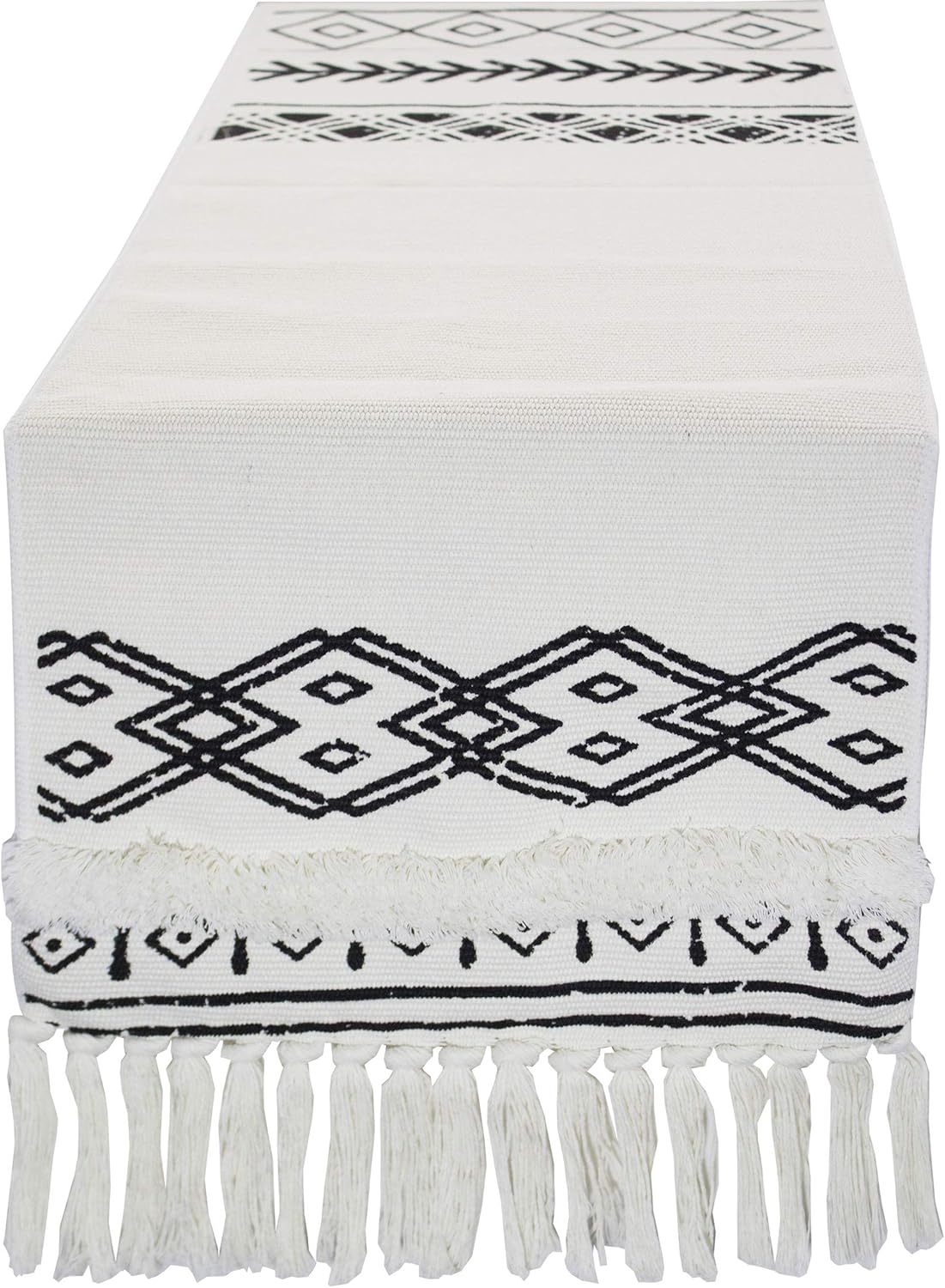 Fennco Styles Boho Farmhouse Woven Fringe Tasseled 14 x 71 Inch Tribal Table Runner – White and Black Table Runner for Everyday Use, Dinner Parties, Special Events and Home Décor