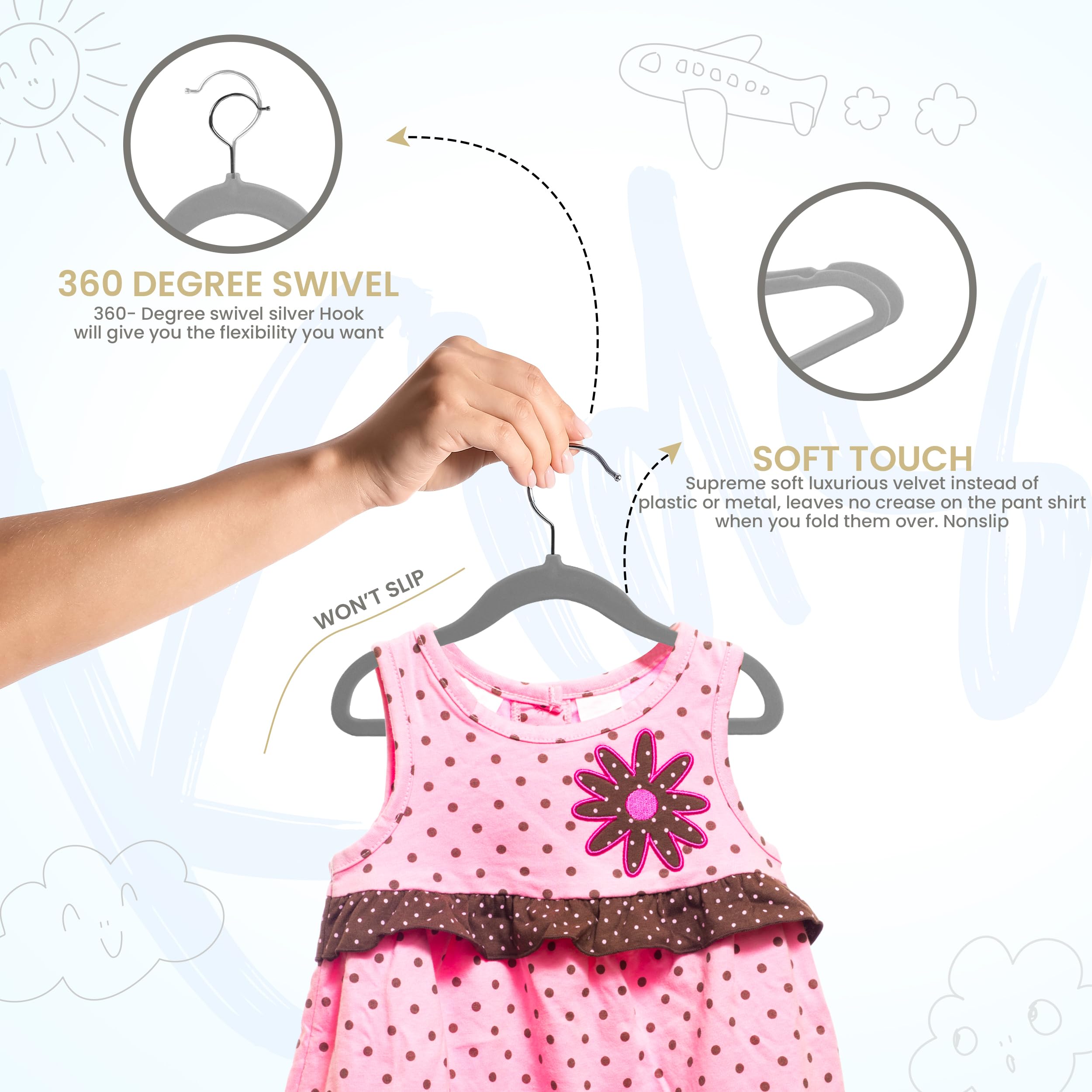Utopia Home Perchas de Terciopelo para niños - Perchas duraderas de 11 Pulgadas para el Armario del bebé, Antideslizantes para Todos los días (Gris, Paquete de 50) — view 4