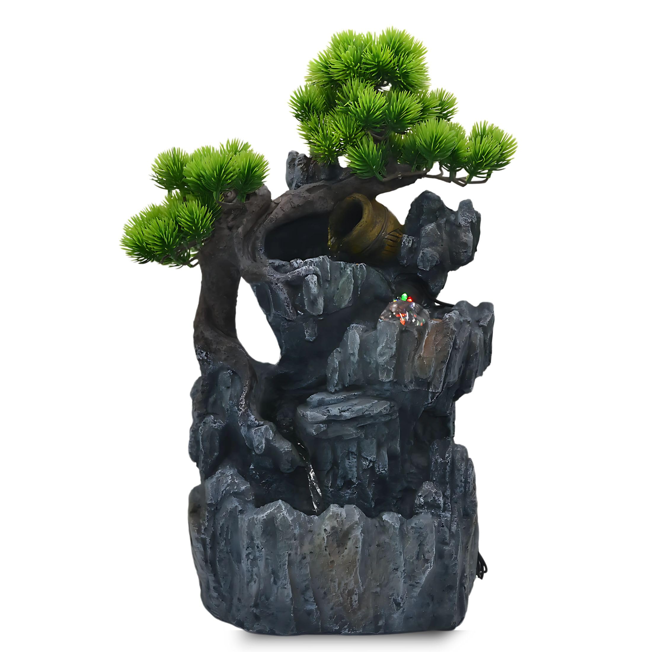 20-Inch Tabletop Water Fountain with Bonsai Tree, Cascading Waterfall, Spinning Crystal Ball, and LED Lighting – Indoor Zen Decorative Fountain with USB Connection for Home or Office
