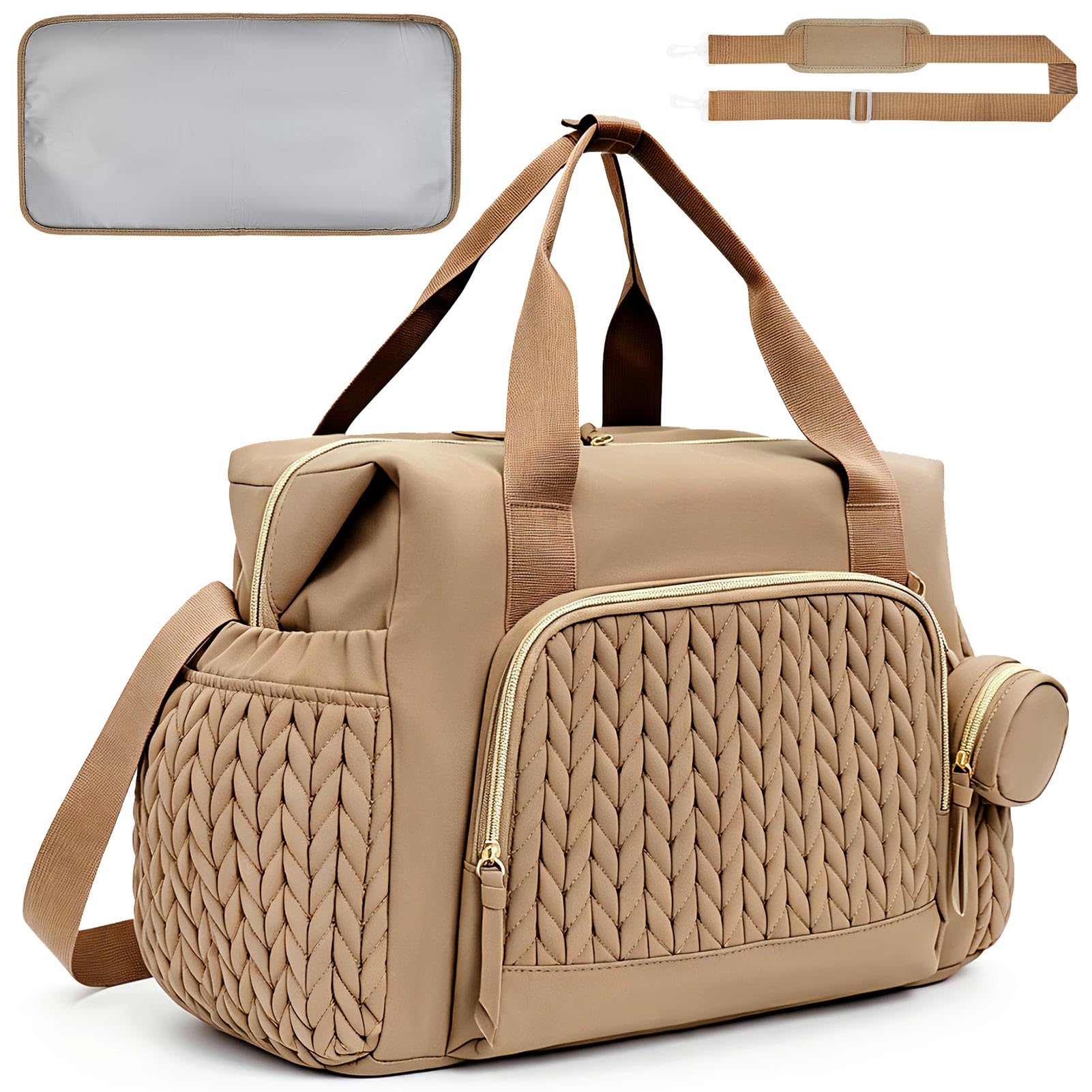 QualfsTerric Nappy Diaper Bag Multifunctional Mommy Large Capacity Tote with Pacifier Case Waterproof Baby Changing Bags for Maternity, Baby Changing, Travel, Beach (Brown)