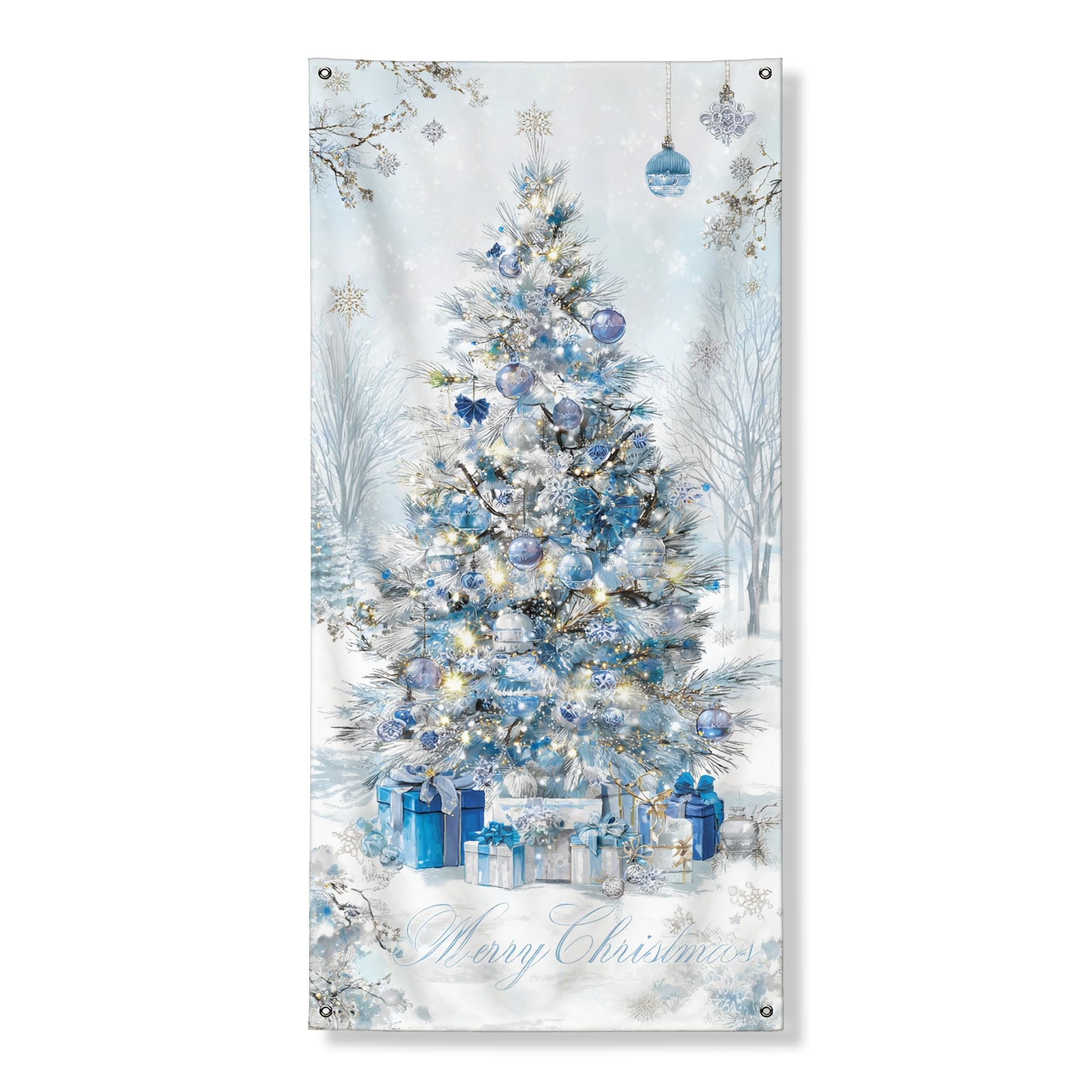 Winter Wonderland Door Cover Banner Decorative, Blue Snowflake Christmas Tree Front Door Decor, Indoor Outdoor Holiday Supplies 36x72 Inch