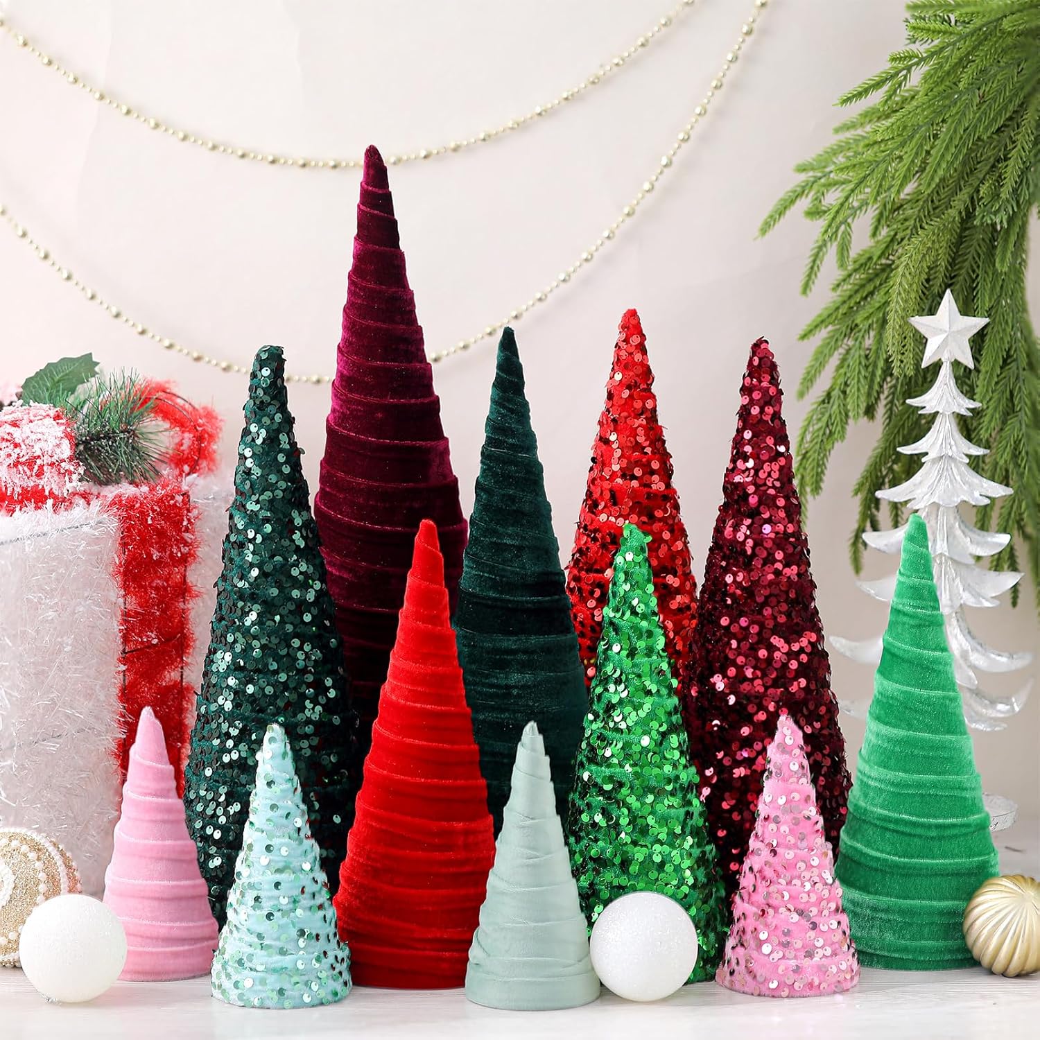 Ireer 12 Pcs Christmas Velvet Trees Set Various Size Velvet Cone Modern Decorations Indoor Table Tree Centerpiece Minimalist Xmas Holiday Winter Home Decor (Red Green)