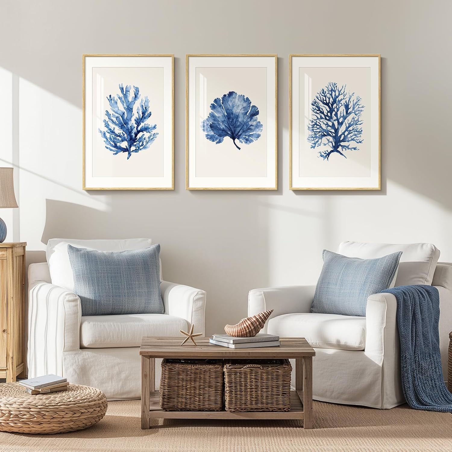 lianyibo Coastal Coral Wall Art Large Navy Blue Watercolor Coral Pictures Prints for Living Room Bedroom Hallway Wall Decor(60x90cmx3/Frameless)