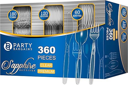 Party Bargains - Modelo Sapphire - Juego de cubiertos desechables, color transparente, 360piezas 180tenedores, 120cucharas, 60cuchillos