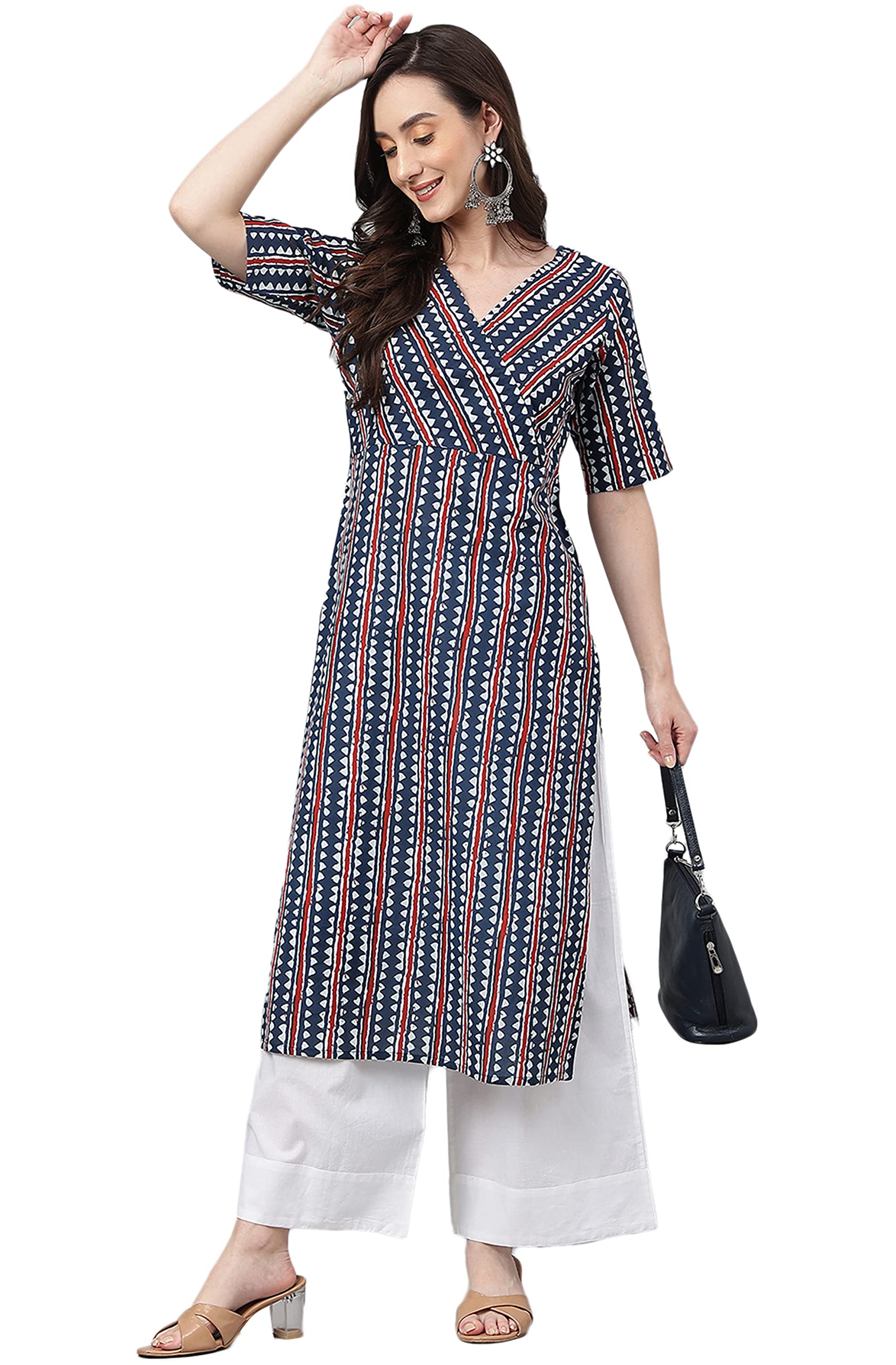 Janasya Womens Navy Blue Pure Cotton Geometric Straight Kurta(JNE4016-KR-S) (B0BQR89NSV) Amazon Price History, Amazon Price Tracker