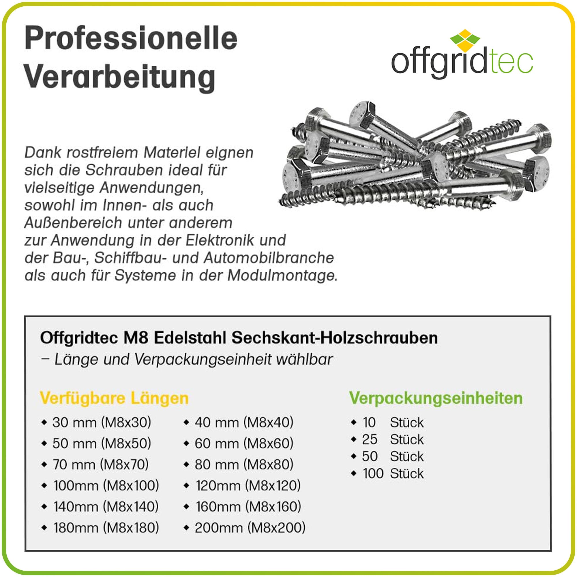 Offgridtec Tornillos hexagonales de acero inoxidable para madera, M8, DIN571, longitud 200 mm, 100 unidades