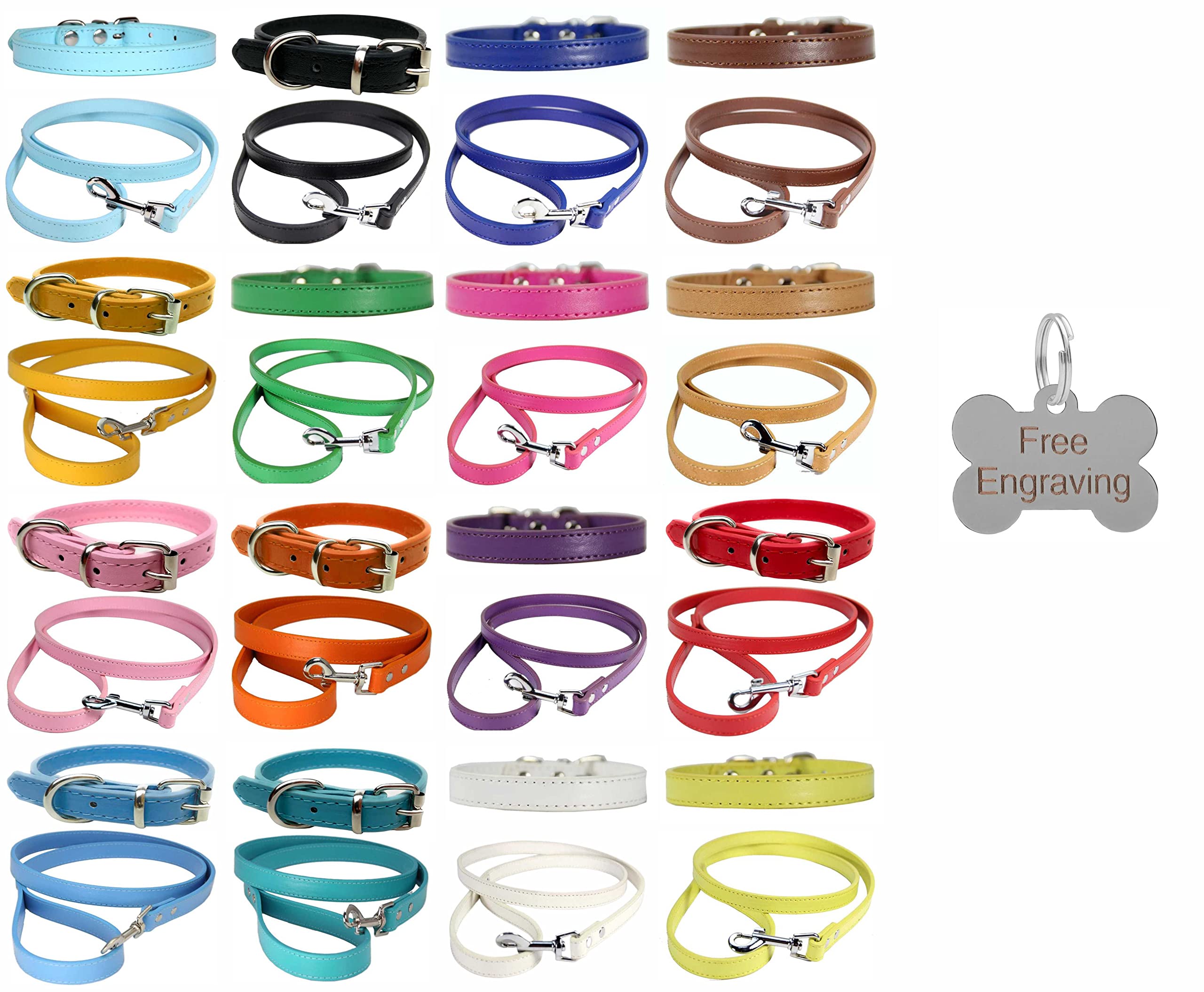Vibrant Leather Dog Collar & Lead Combo Set for Puppy, Dogs Small, Medium & Large With Personalised Engraved Silver Bone Shaped Tag (X-Small (20cm - 26cm Neck), Orange)