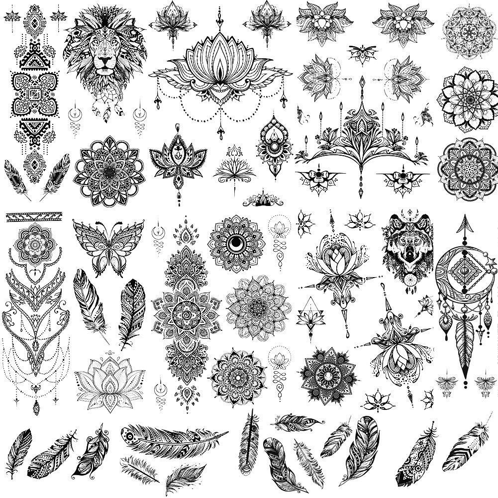 UOPMQGB Set de 12 plantillas de tatuaje temporal de mano indo-árabe, tatuaje mandala atrapasueños de mujer, tatuajes temporales negros, pegatinas de adulto para dedos y cuerpo de mujer.