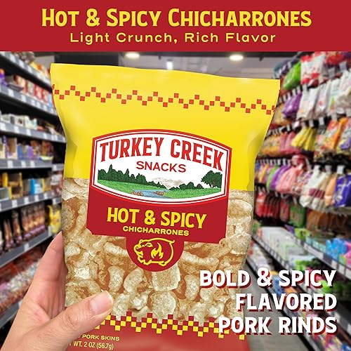 Miniatura 3 de Turkey Creek Chicharrones picantes y picantes, chicharrones de cerdo fritos  Pieles de cerdo con sabor picante  Bajo en carbohidratos, sin gluten,
