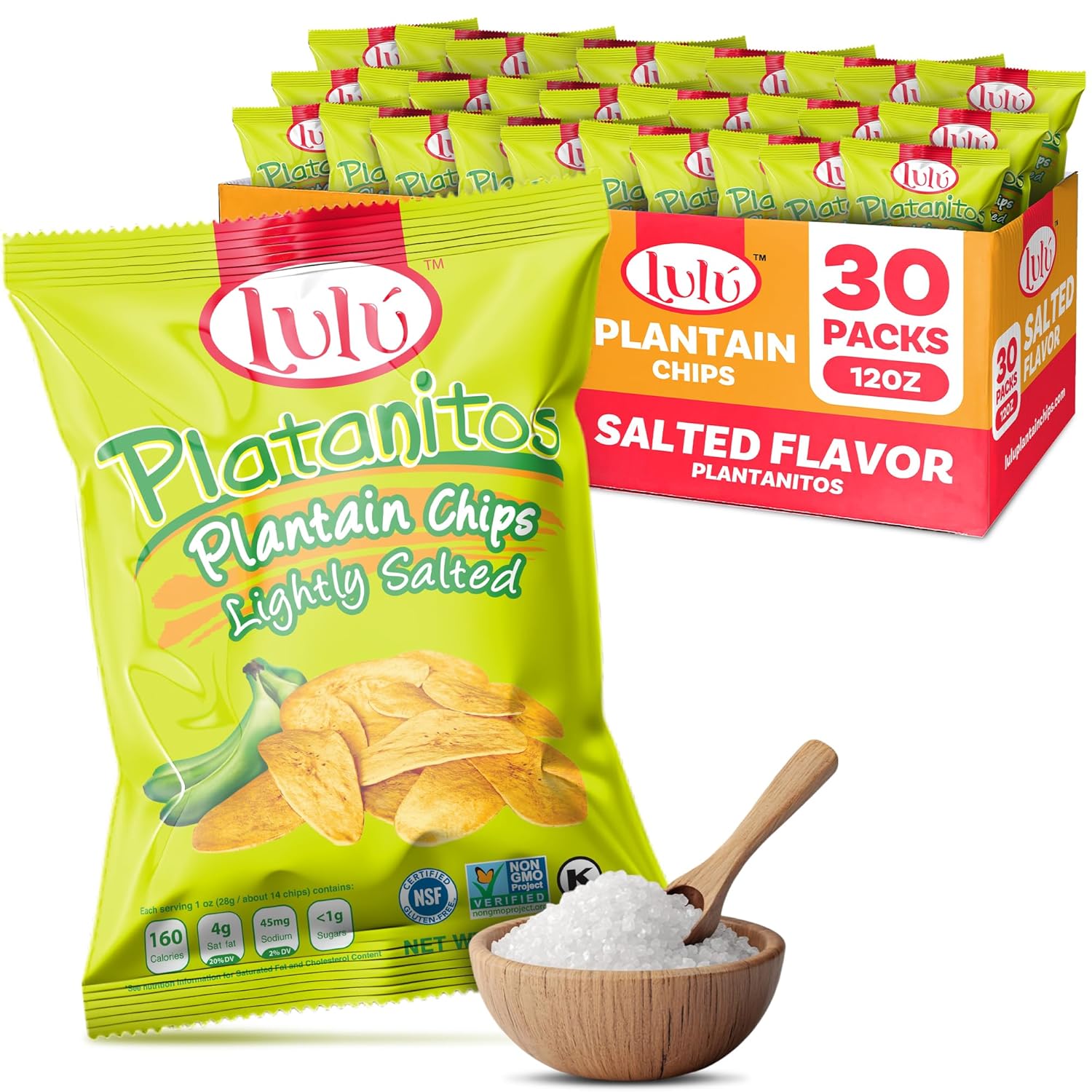 LULU Plantain Chips - Lightly Salted, 30 Individual Bags (2.5 Oz Each) - Crunchy, Delicious, Kosher, Gluten-Free Healthy Snacks - No Preservatives or Artificial Colors, Sustainably Sourced Plantains