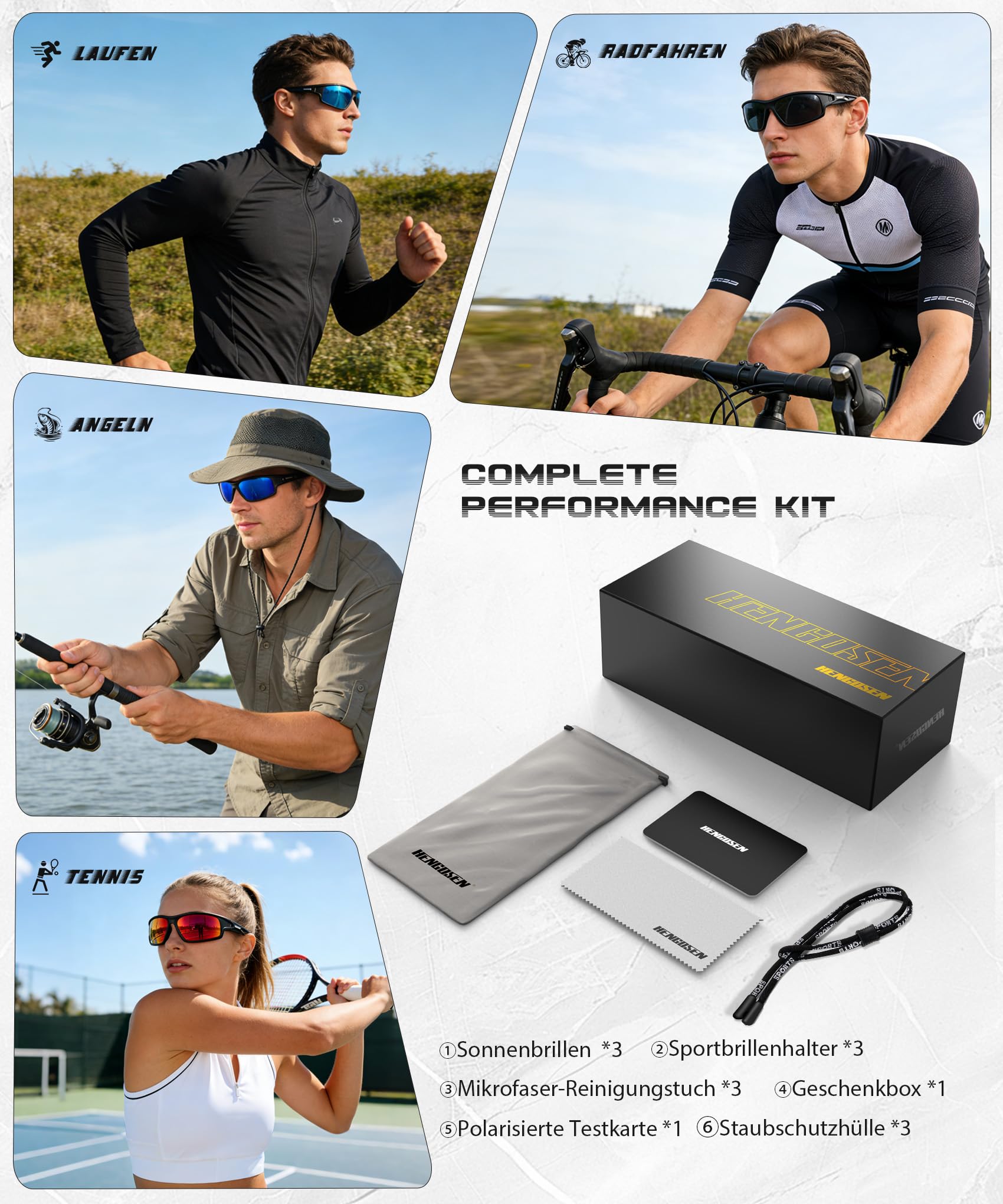 HENGOSEN Occhiali da sole sportivi uomo donna occhiali da sole polarizzati occhiali sportivi uomo: Sunglasses UV400 protezione pesca corsa