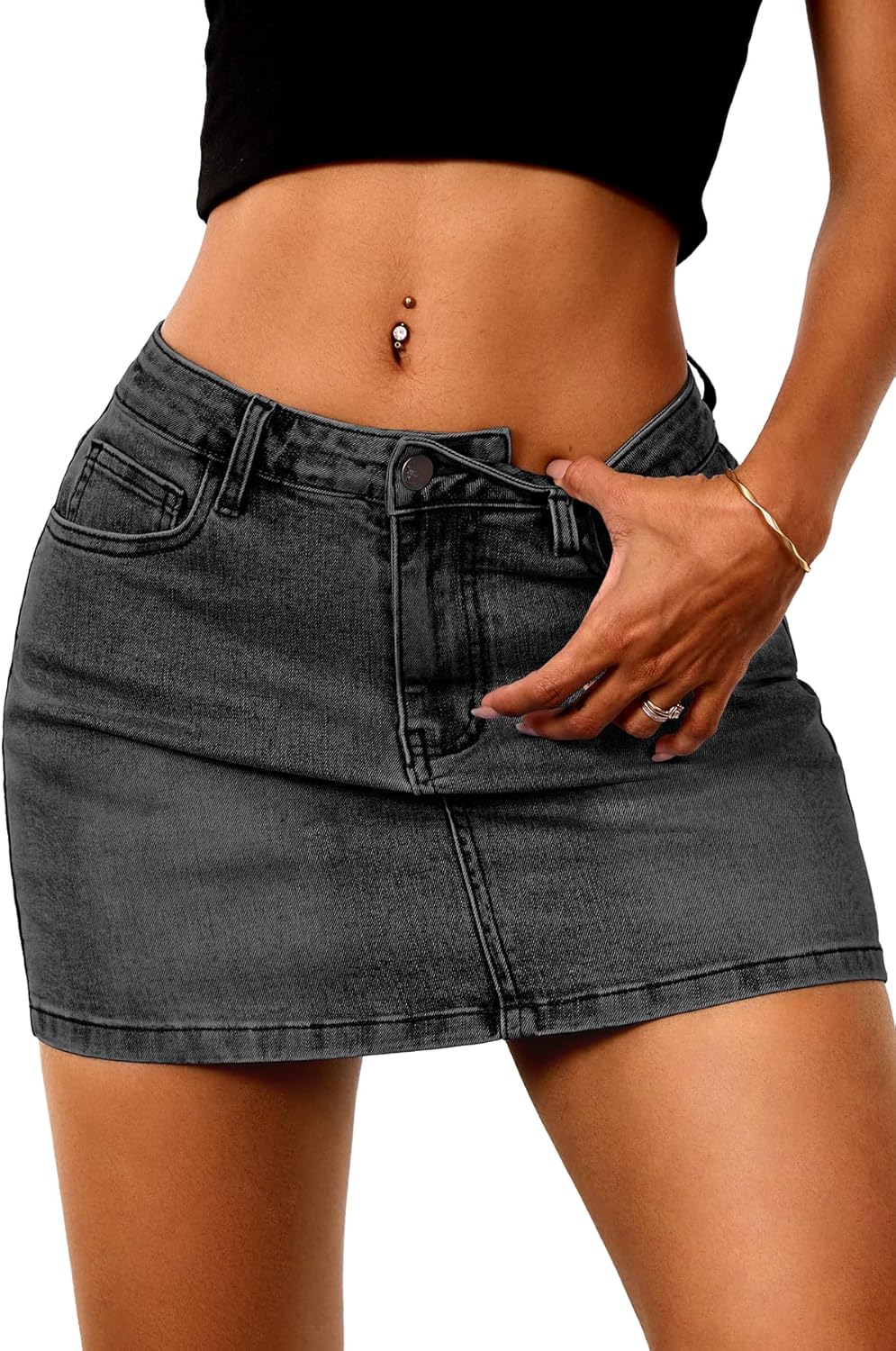 ELLEVEN Stretchy Mini Jean Skirt for Women,Low Waist Denim Skirts with Pockets