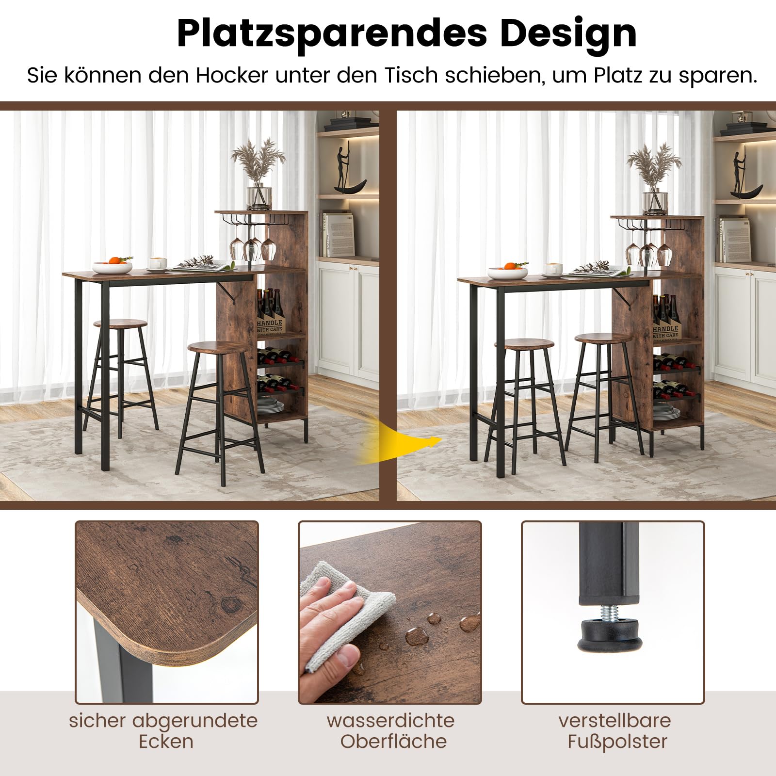 COSTWAY Bartisch mit Barhocker Set, 2 Personen Bartisch Set mit Halterungen für Weingläser und Flaschen, Küchentheke für Wohnzimmer, Esszimmer und Küche (Kaffee)