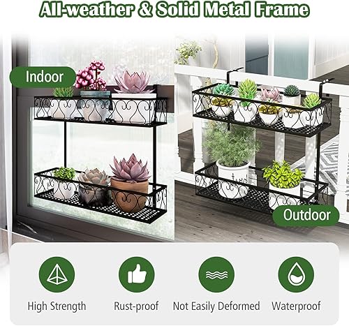Miniatura 4 de LDAILY Estante colgante de 2 niveles, soporte para macetas colgantes con ganchos ajustables, estante de cesta de barandilla, contenedor de metal
