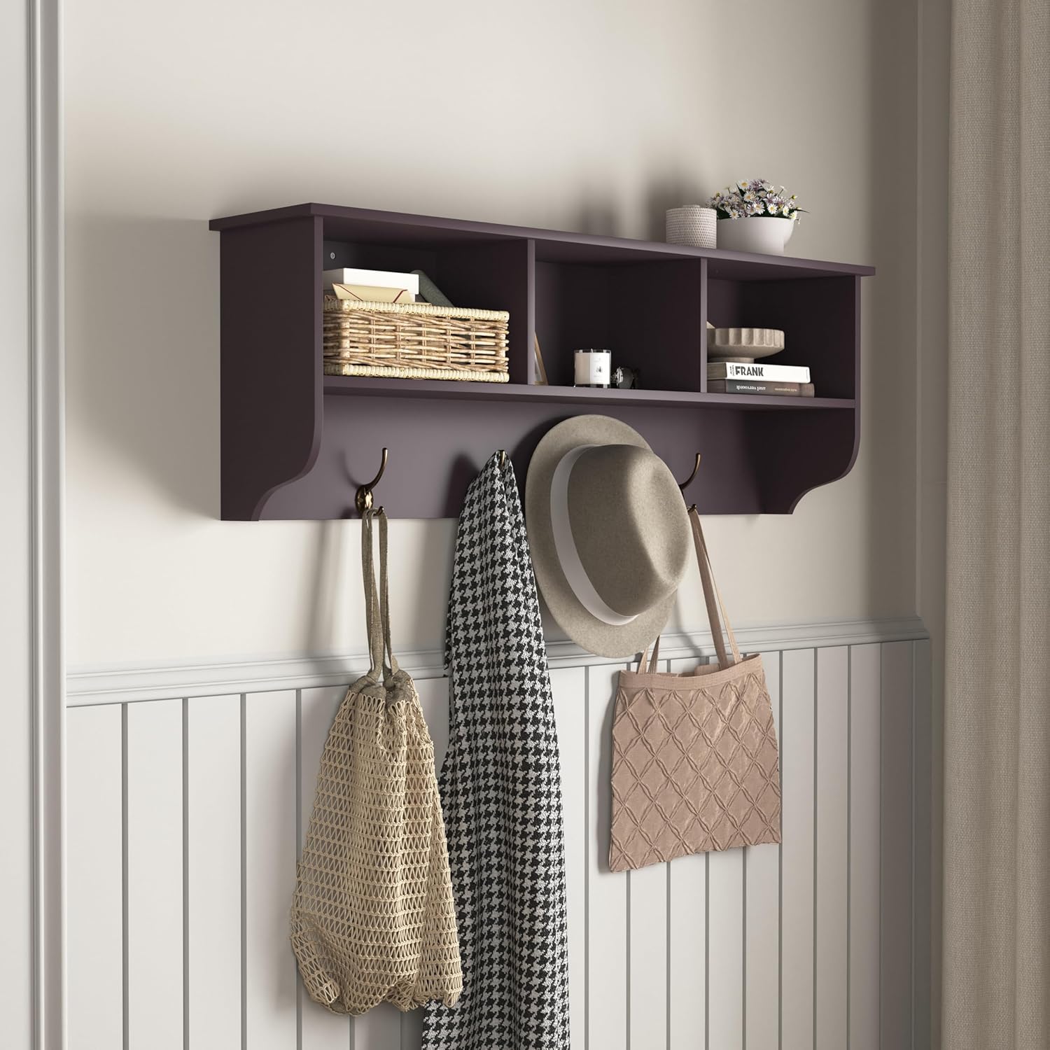 38.58”Modern Entryway Coat Rack, Wall Mounted Shelf with 4 Hooks,MDF+Wood Wall Cabinet with 3 Cubbies Space for Entryway, Mudroom, Bedroom, Bathroom