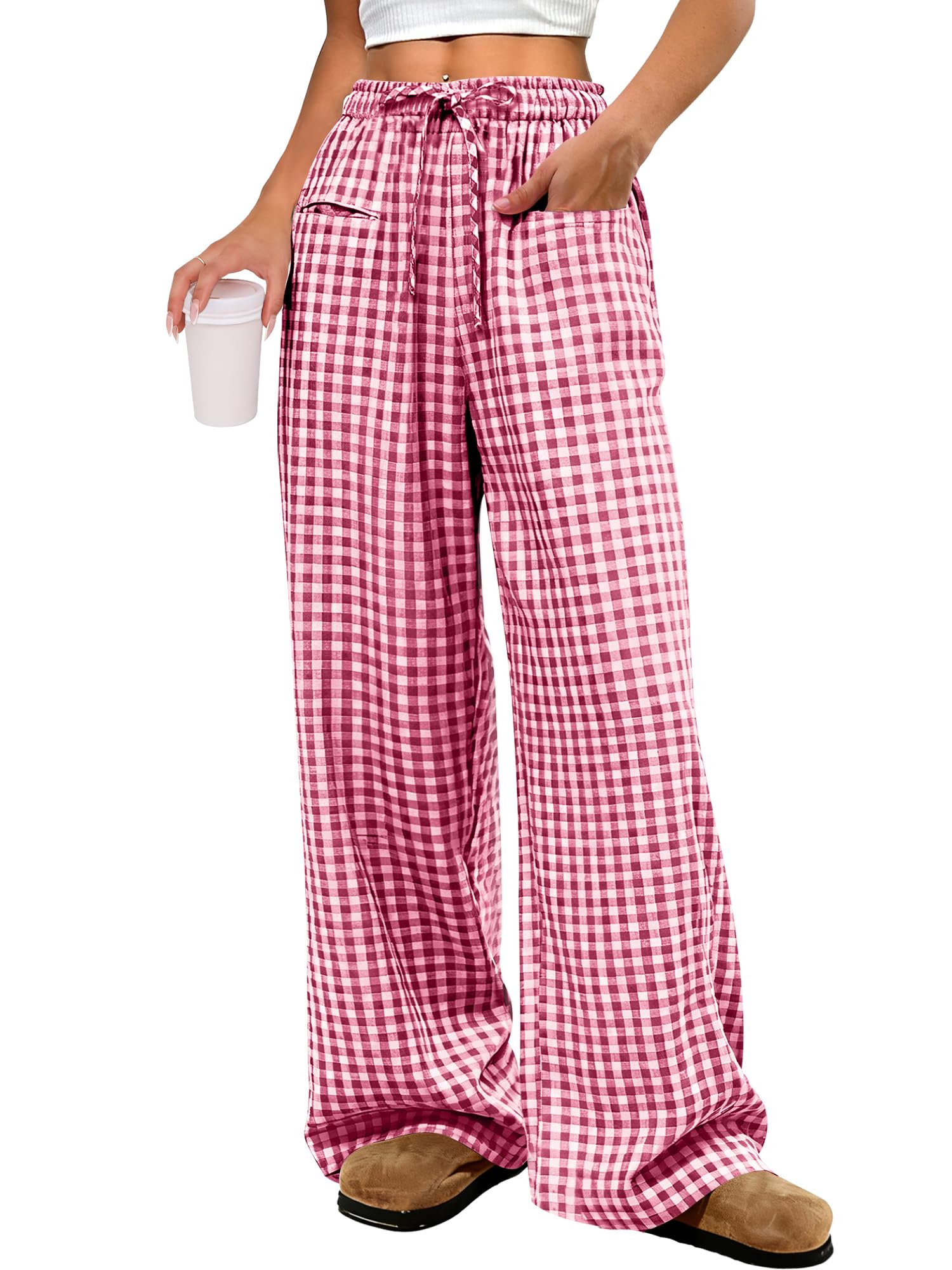 ANRABESS Womens Striped Gingham Pants 2025 Pajama Drawstring Wide Leg Lounge Plaid Pants Cute Casual Trousers with Pockets