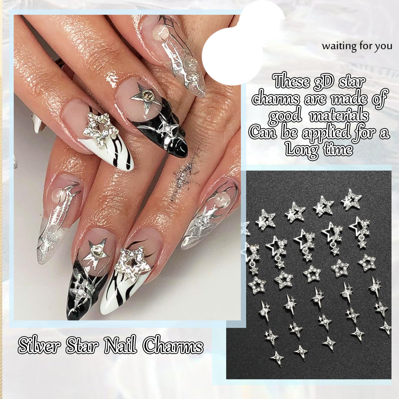 30 pièces de charmes à ongles en forme d'étoile, argent brillant, étoiles 3D, pierres à ongles, bijou d'ongle lumière d'étoile, charmes Y2K pour ongles en acrylique, décoration, scintillants