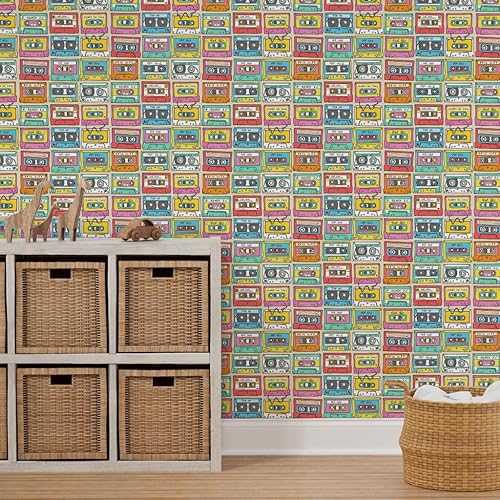 Miniatura 7 de Papel tapiz extraíble de 6 x 2 pies, cinta de mezcla de música más pequeña, retro, vintage de los años 90, papel tapiz prepegado personalizado por