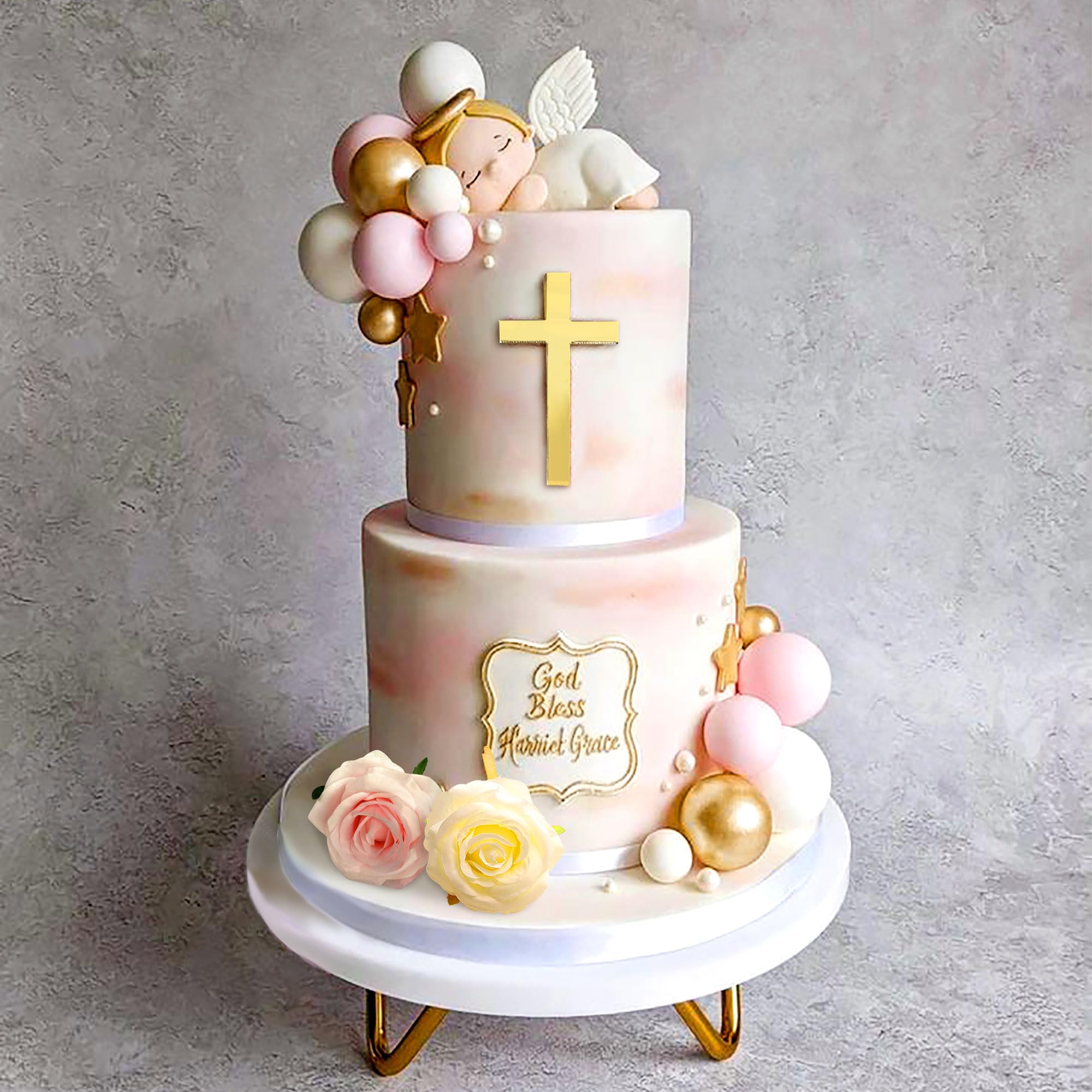 LaVenty Decorazione Torta Croce E Rose - Set Per Battesimo, Matrimonio O Compleanno | Bianco, Blu, Rosa - Foto 11