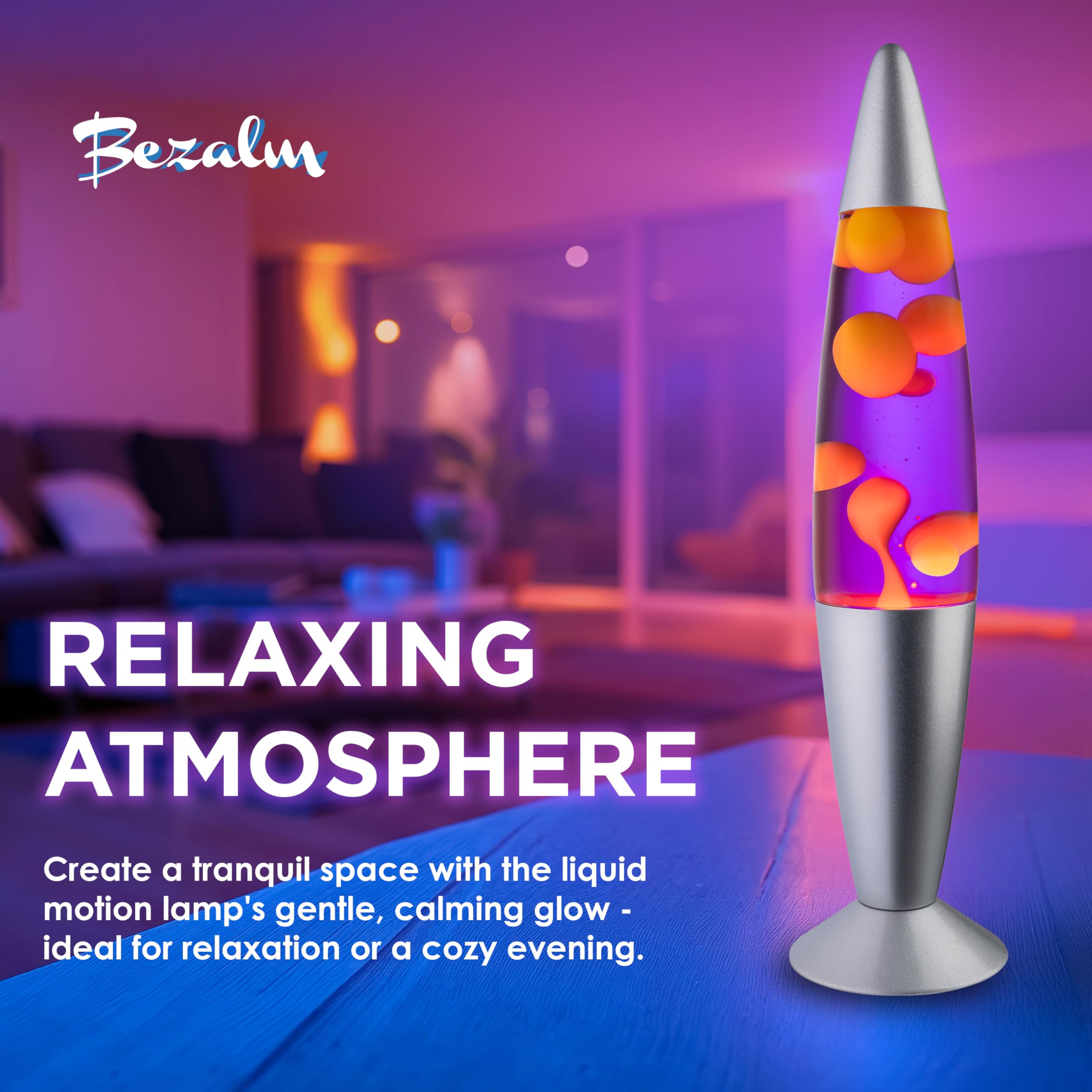 Jambo BEZALM - Hermosa lámpara de 40,6 cm, luz nocturna relajante, decoración para sala de estar, oficina y dormitorio. Lámpara Magma (40,6 cm, base plateada, líquido morado, cera amarilla).