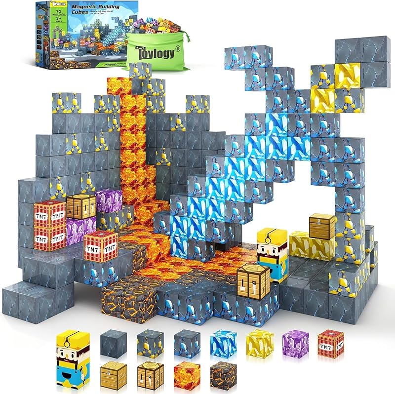 Toylogy Mágneses Építőkockák - 72 db-os Bányavilág Kard Készlet, Kreatív STEM Játék 3+ Éves Gyerekeknek, Kompatibilis 2,5 cm-es Kockákkal