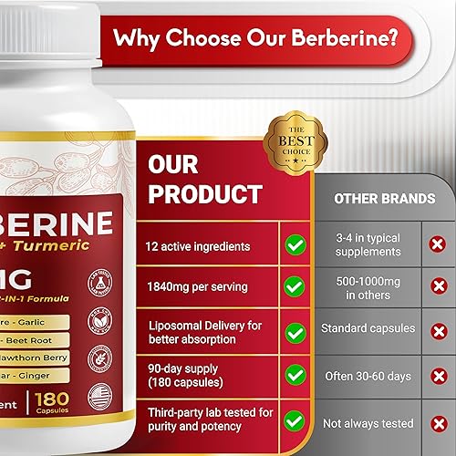 Miniatura 7 de Ultra Berberina 1840 mg - 12 en 1 con canela, cúrcuma, CoQ10, ALA, gimnasia, melón amargo - Máxima absorción - 180 cápsulas - Sin OMG, sin gluten,