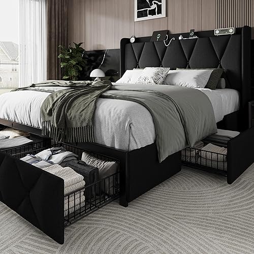 Queen Bed Frame with 4 Storage Drawers and Charging Station, Upholstered Platform Bed Frame with Storage Headboard, No Box Spring Needed, Easy Assembly, Black