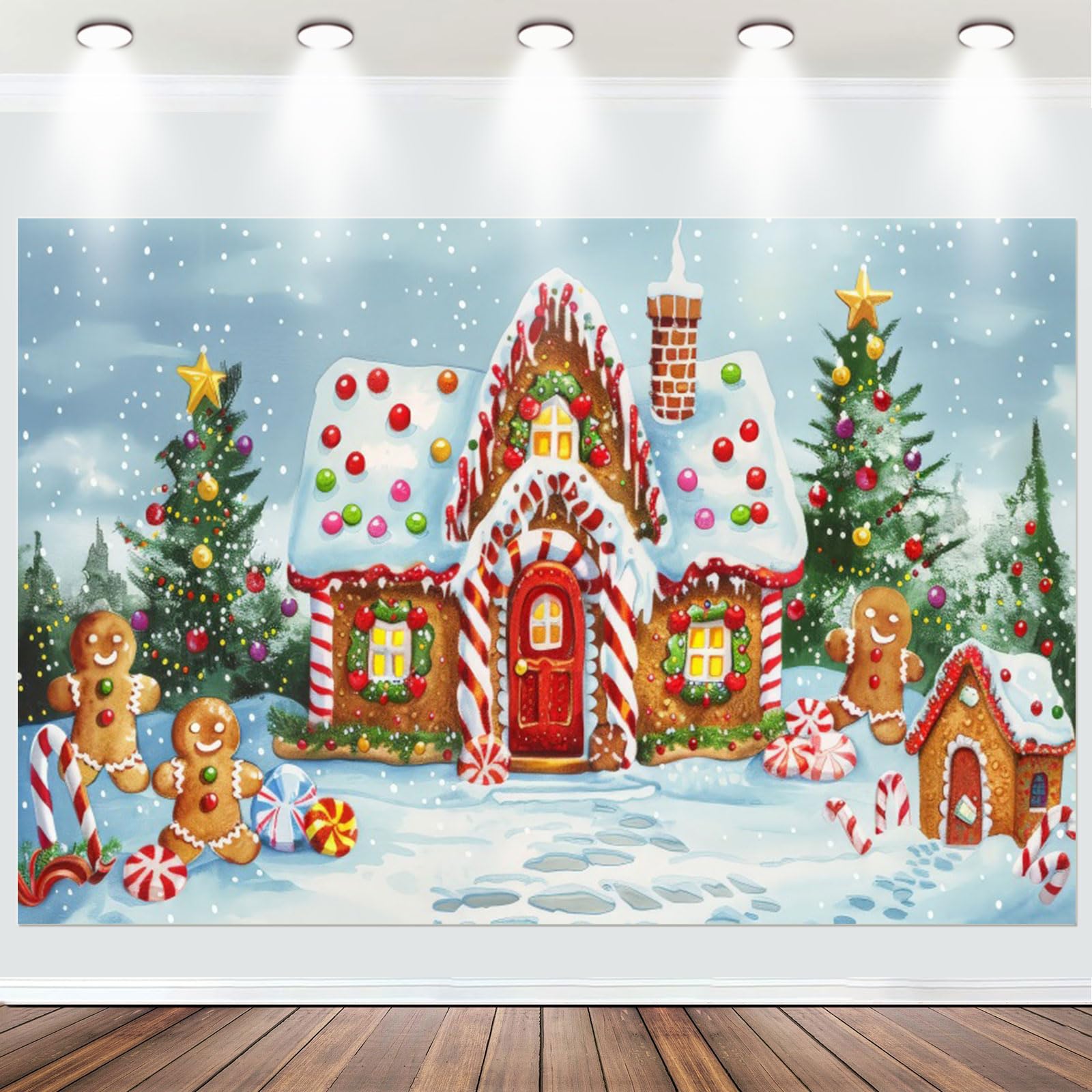 Fabric 10x8ft Christmas Snow Village Backdrop Cartoon Gingerbread Cookie House Xmas Tree Photography Background Winter Snowfall Forest Scene Kid Party