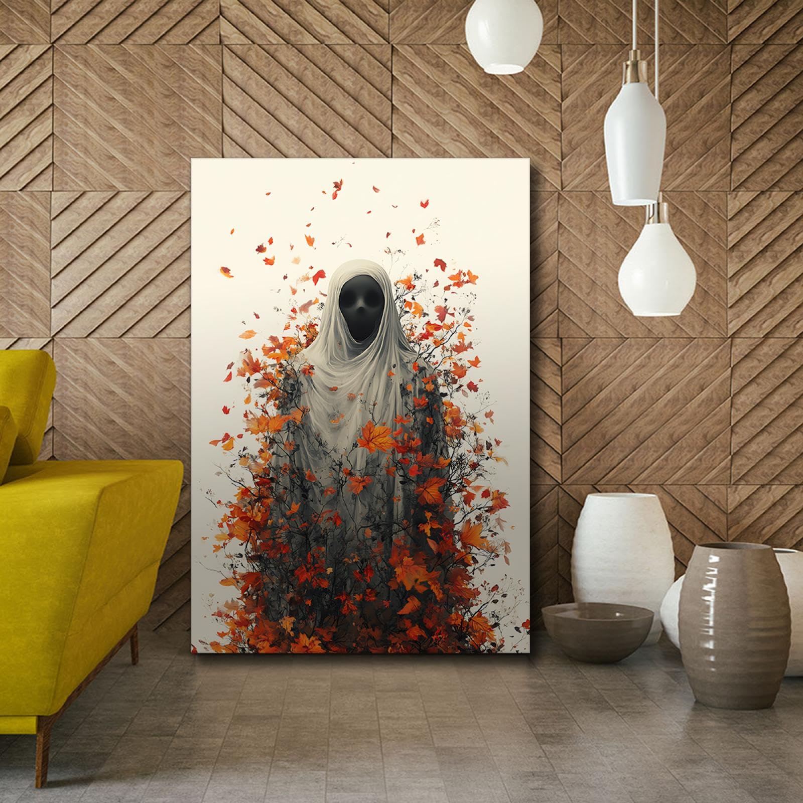Via Vela horreur décor style impression sur toile art mural abstrait nature sauvage orange feuilles d’érable et mystérieux fantôme affiche peinture pour café décor 60x90cm cadre intérieur