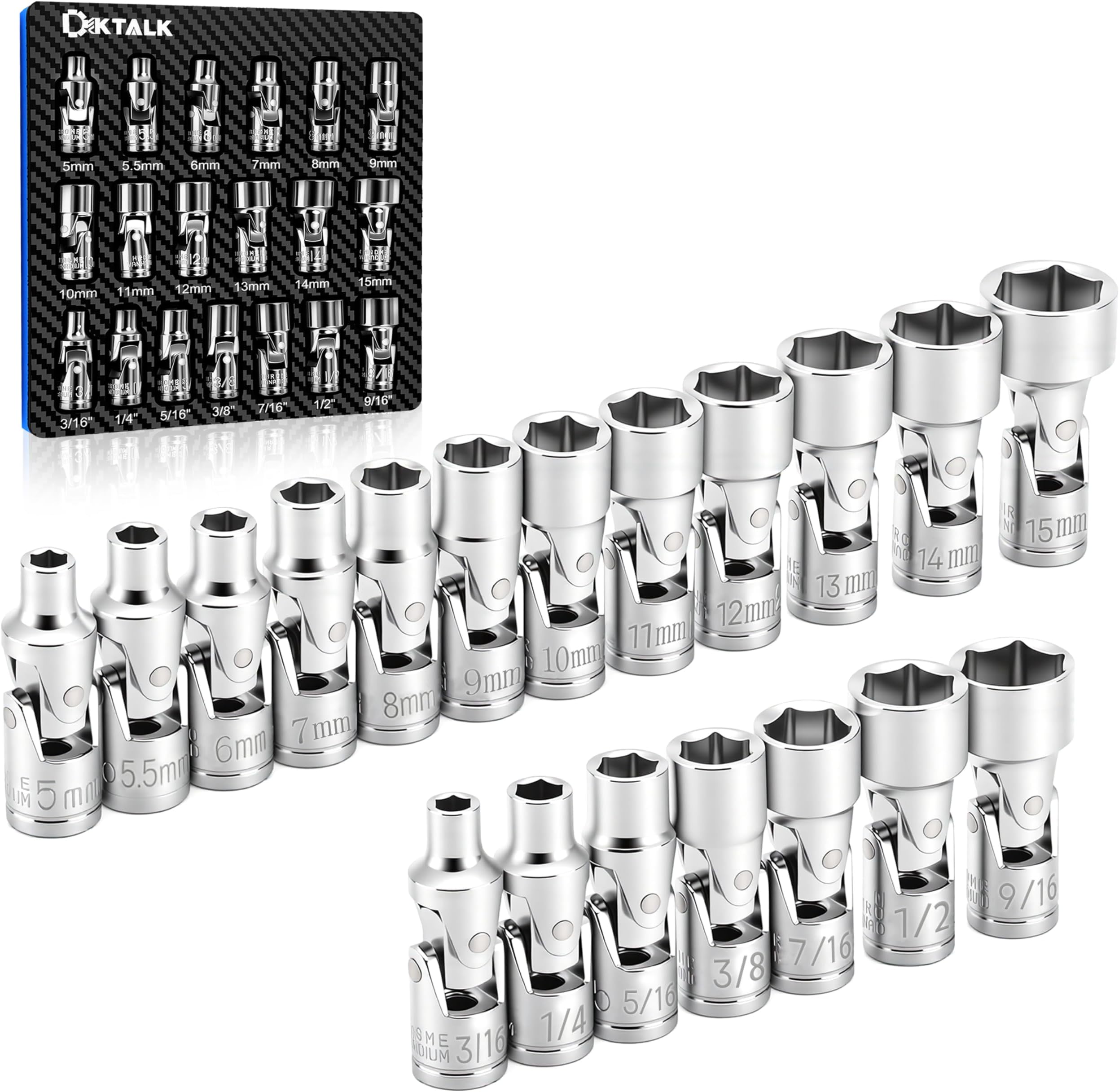 19-Piece 1/4" Drive Universal Joint Socket Set, Swivel Socket Set & Wobble Sockets with Metric (5-15mm) and SAE (3/16"-9/16"), 6-Point CR-V Flex Sockets for Tight Spaces