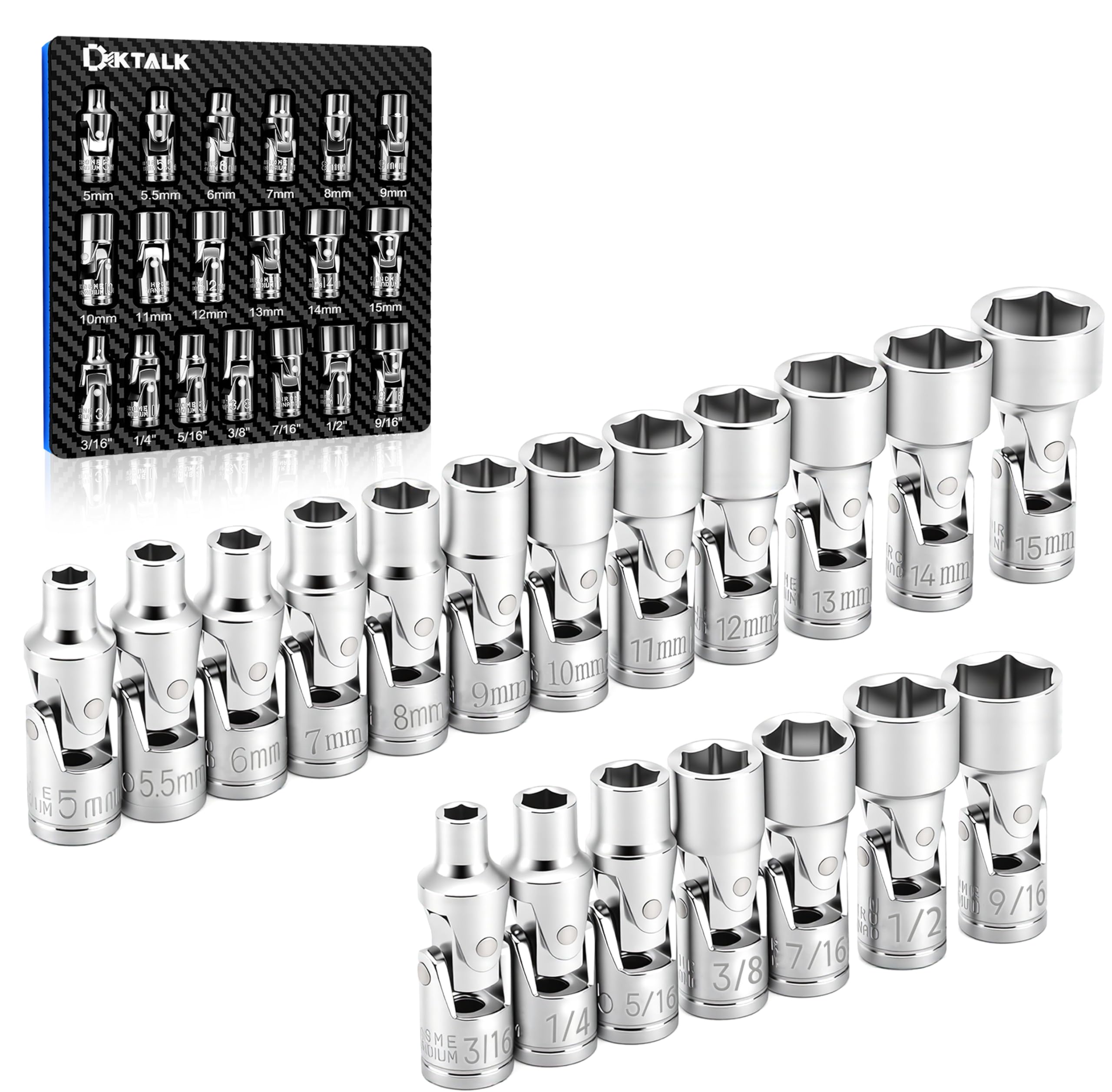 19-Piece 1/4" Drive Universal Joint Socket Set, Swivel Socket Set & Wobble Sockets with Metric (5-15mm) and SAE (3/16"-9/16"), 6-Point CR-V Flex Sockets for Tight Spaces