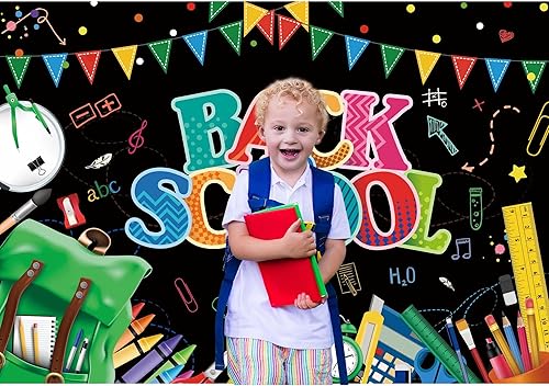 Miniatura 4 de Telón de fondo de poliéster de 10 x 8 pies para fotografía, primer día de escuela, bienvenido en línea, fondo de enseñanza de dibujos animados,
