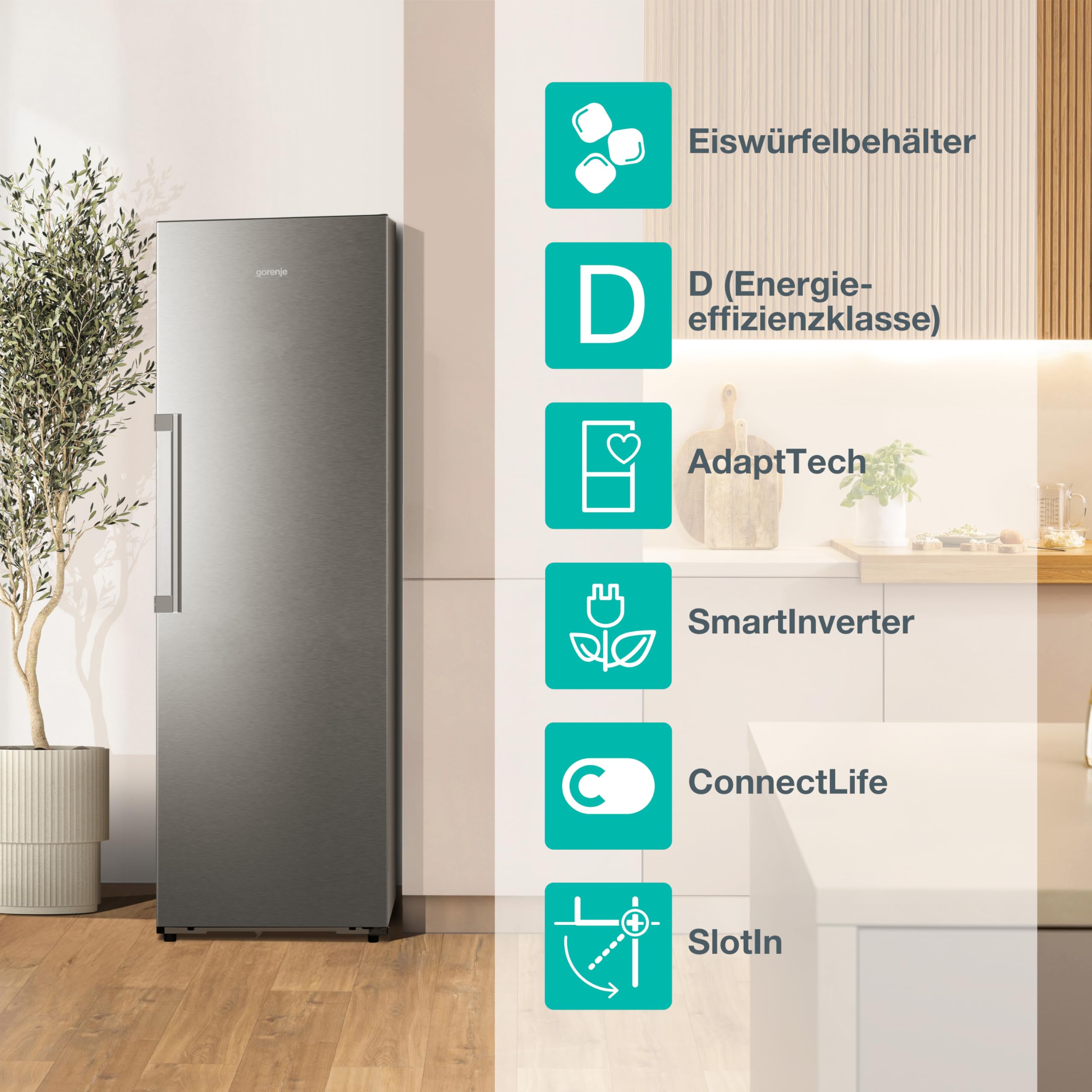 Gorenje FNC618D6XWF Gefrierschrank Freistehend 312 Liter SmartFit 185cm Höhe AdaptTech Convert -24℃ bis +8℃ ConnectLife Wifi Easy-open Griff Inverter Edelstahl