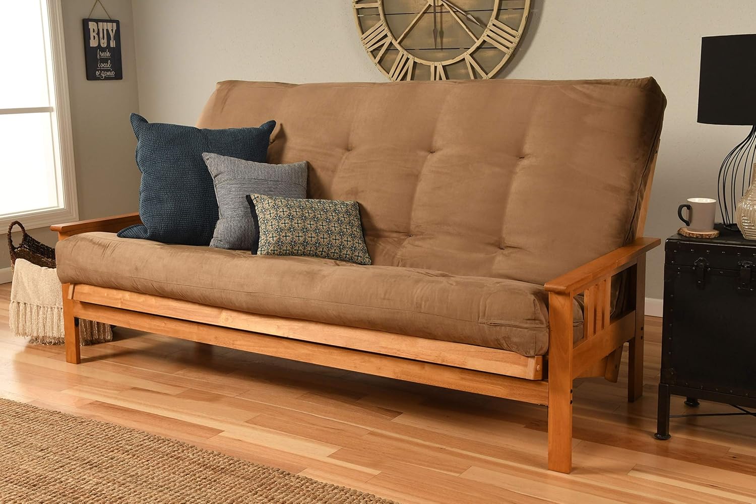 Queen Eldorado Futon Set Hardwood Frame w/ 7 Inch Coil Mattress Sofa Bed Choice to Add Drawer Set (Peat Matt w/Frame Only Queen Size)