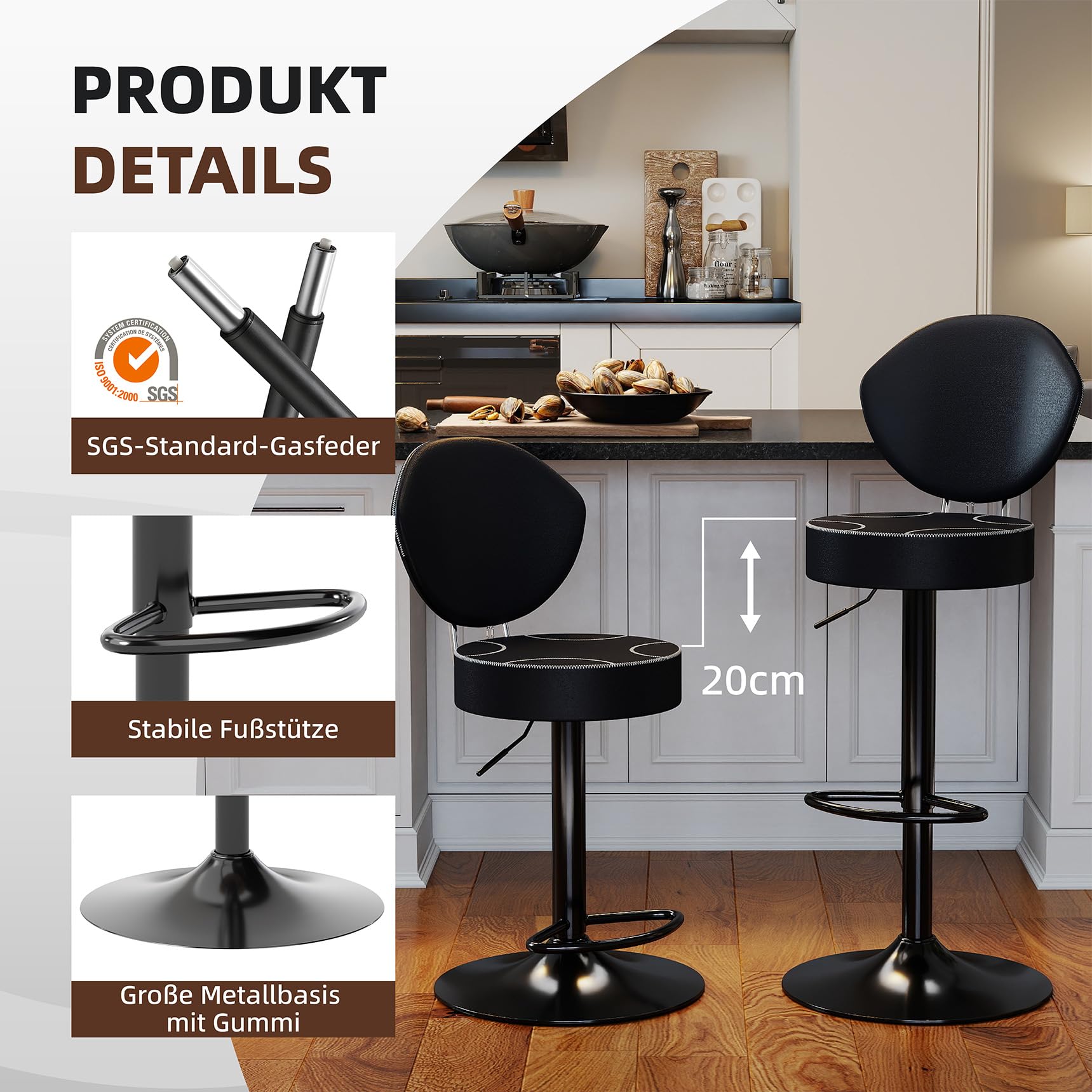 Youhauchair Barhocker 2er Set, 360 drehbare Barhocker mit Rückenlehne, Höhenverstellbarer Küchenhocker aus Kunstleder, Mid-Century-Vintage Bar Stools, Schwarz