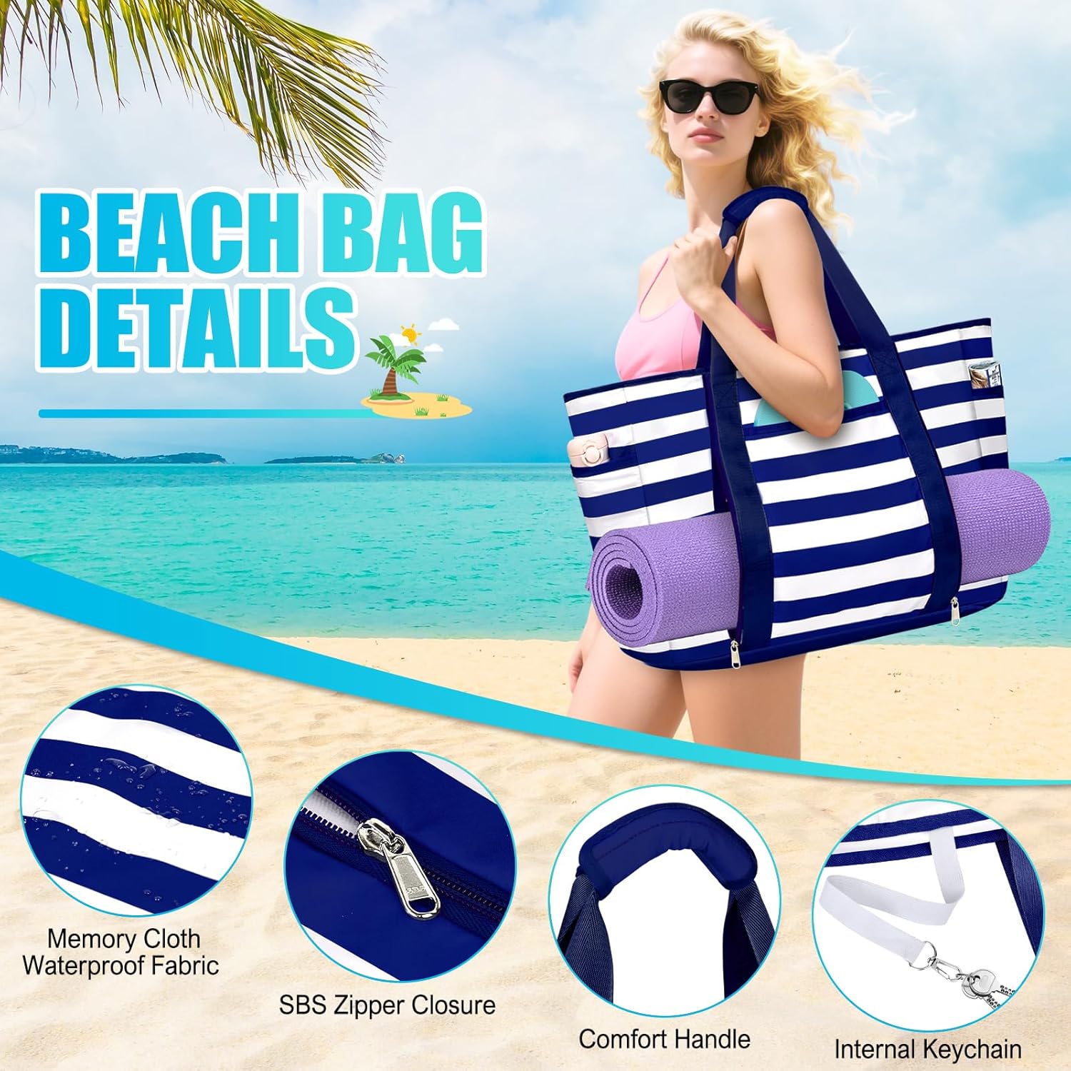 Extra Large Beach Bags for Women, Waterproof Sandproof Beach Tote Bag Foldable Swim Pool Bag with Zipper and Wet Pocket - Image 3