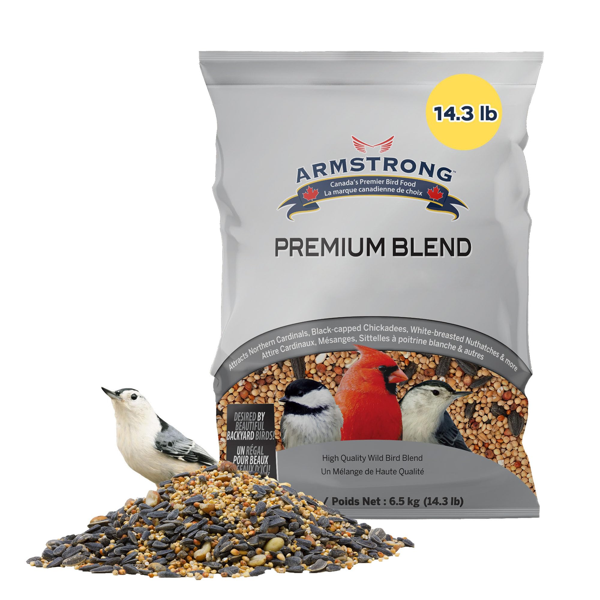 Armstrong Wild Bird Food Premium Blend, 14.3 Pounds - with White Millet, Black Oil Sunflower, Wheat, Peanuts, Striped Sunflower and Safflower for