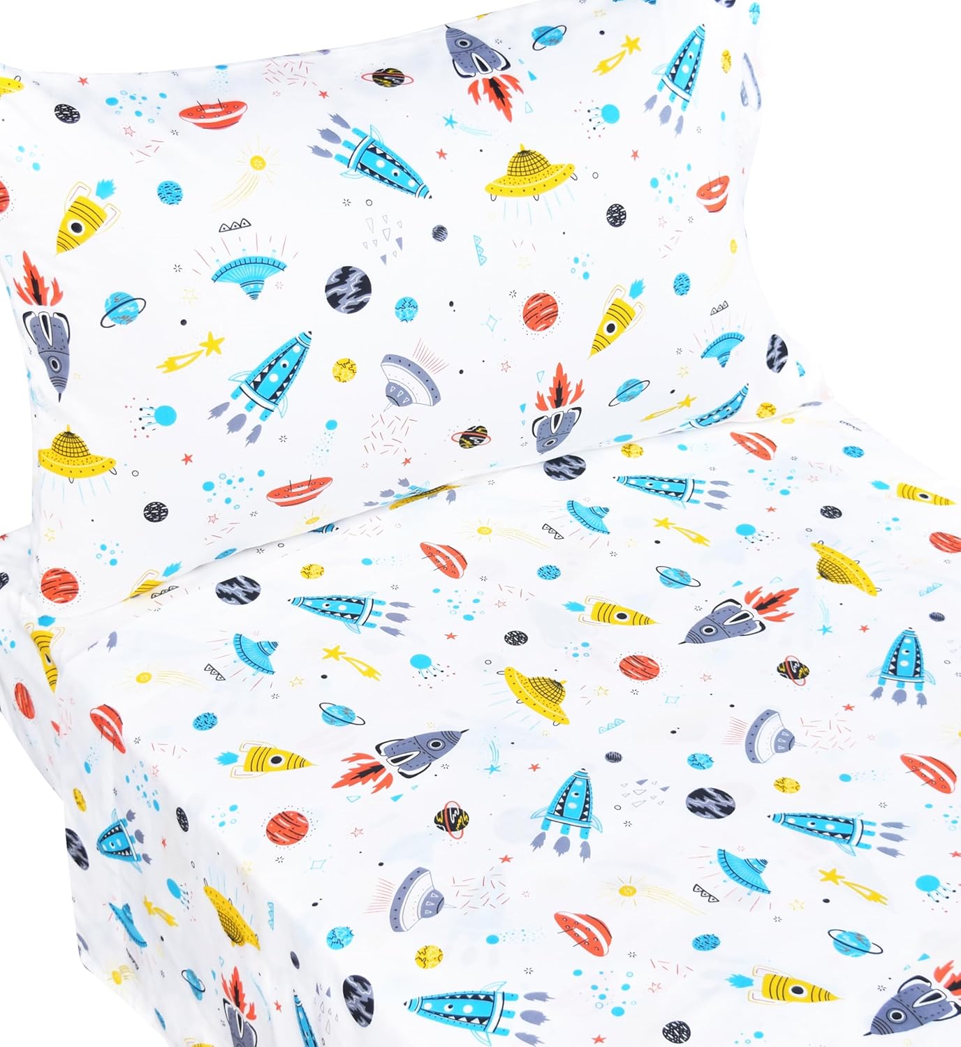 J-pinno Planet Spacecraft Rocket 100% Cotton 3 Pieces Cartoon Toddler Sheet Set for Kids Boys, Flat Sheet Fitted Sheet and Pillowcase, Cozy Breathable Unisex Nursery School Crib Bedding Set (Rocket)
