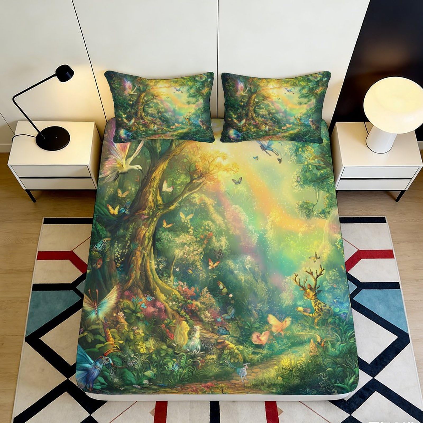 3D Printed Forest Fantasy Fitted Sheet Microfiber Soft Breathable Woodland Dream Bed Cover for Bedroom Dorm Decor 90x200x25cm