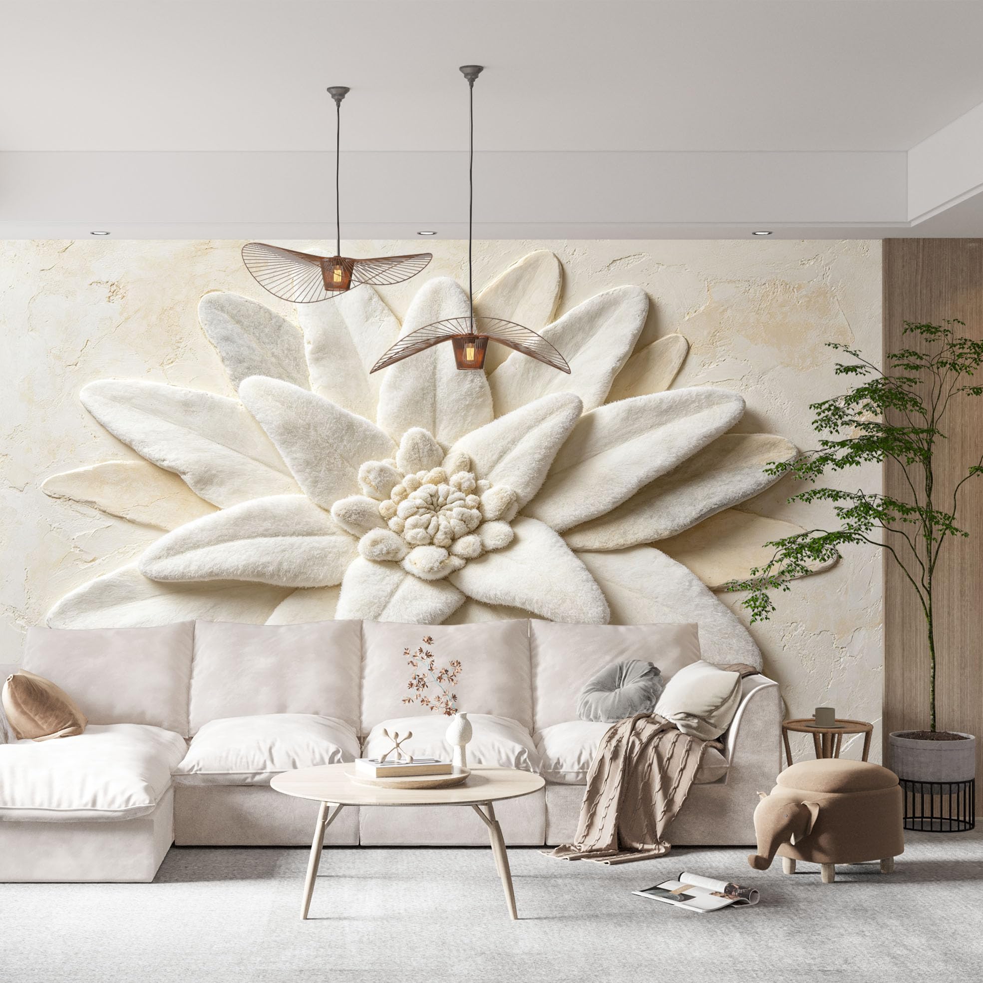 Ponadwymiarowy efekt 3D kwiat fototapeta nowoczesna elegancka warstwowa tapeta z włókniny 200 x 140 cm kremowa biel rzeźbiarski botaniczny kwiat pokrycie ścienne do sypialni salonu dekoracja ścian