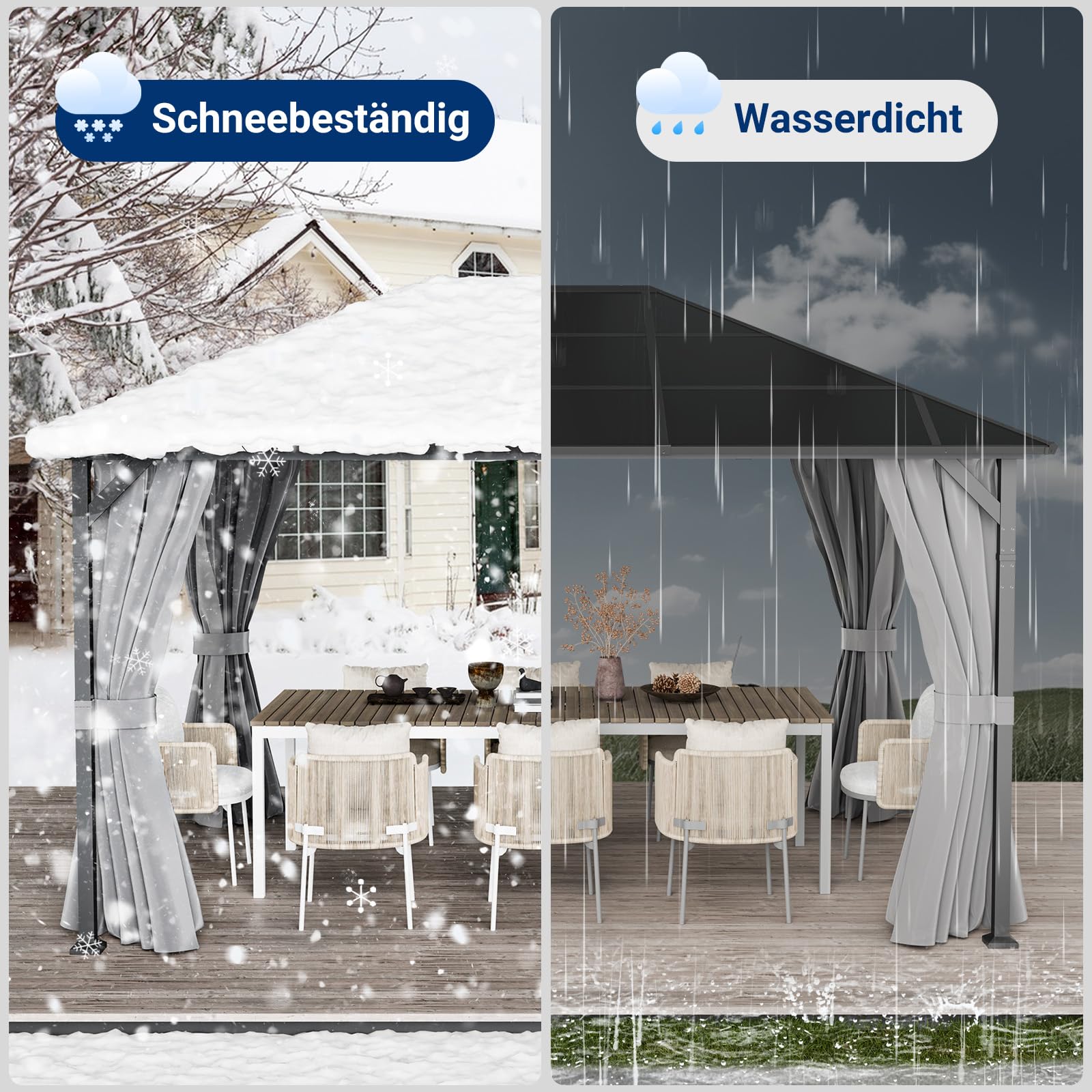 UDPATIO Carpa de policarbonato de 3 x 4 m con Cortinas, de Metall, Impermeable, Estable, Resistente al Invierno, protección UV, 6 x 6 cm, Postes Fuertes para jardín, terraza Gris
